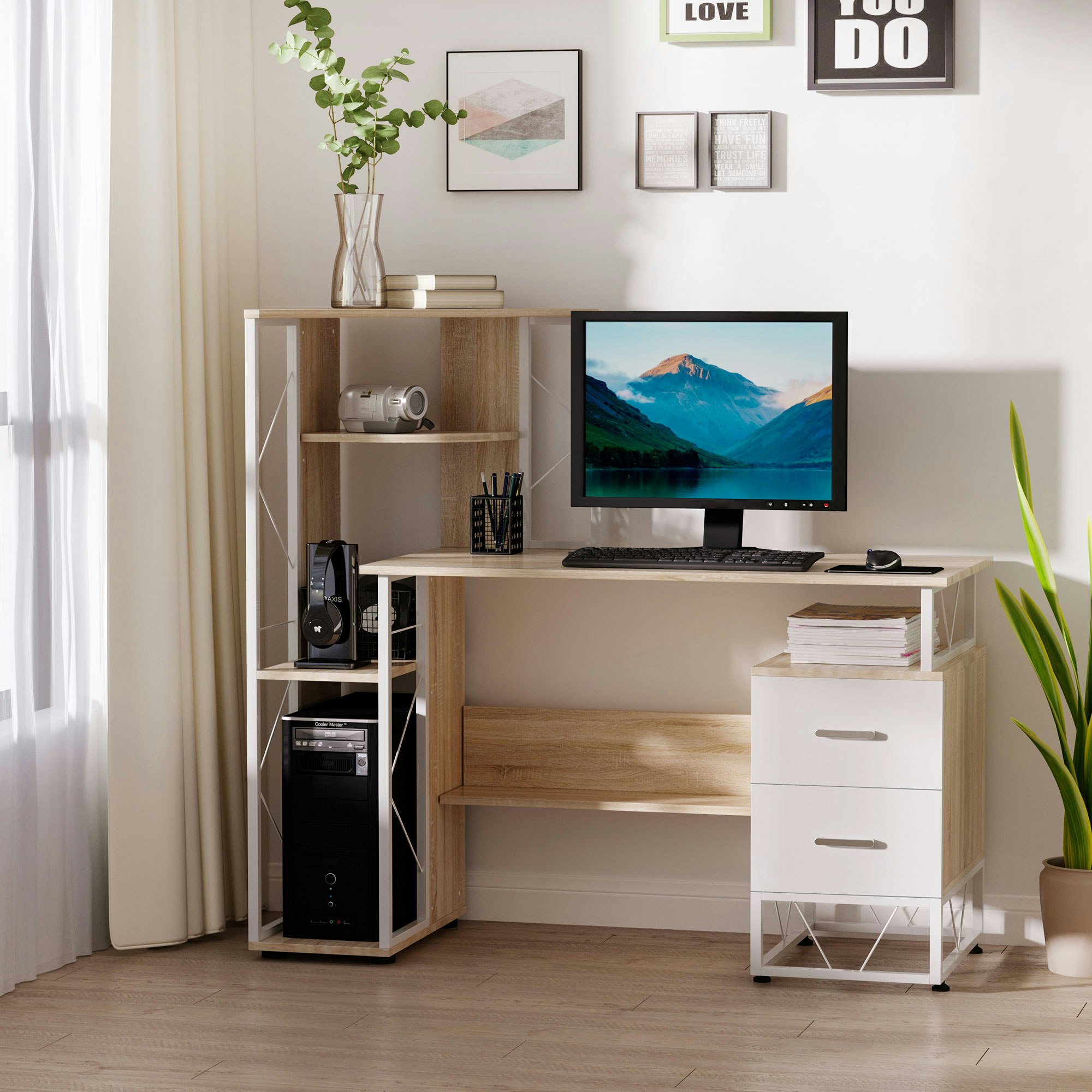 Homcom Computer Pc Laptop Desk Table Shelf 2 Drawers Bookstore Workstation