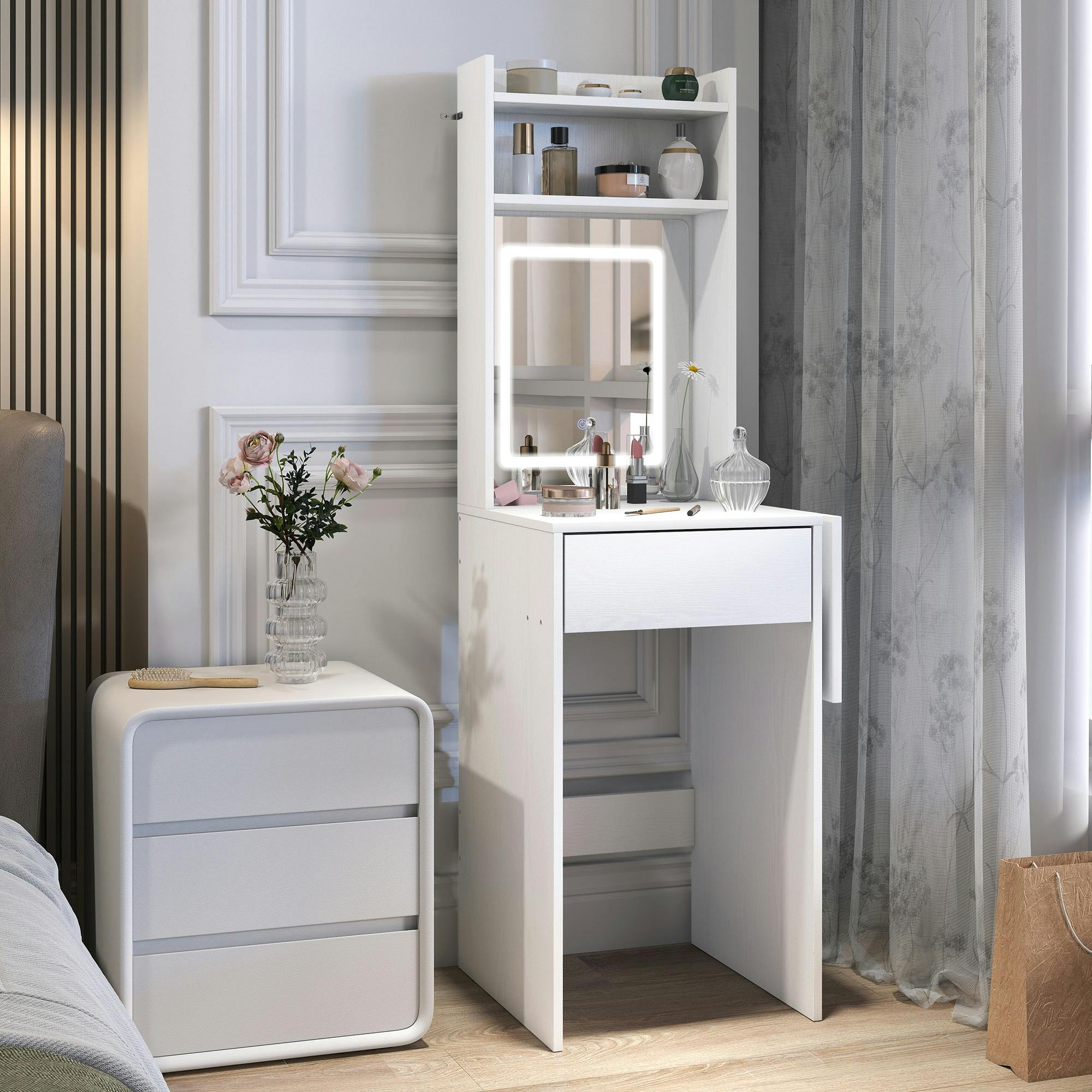 Homcom White Compact Dressing Table With Lighted Mirror Open Shelves Drawer - No - Led Adjustable Mirror Included