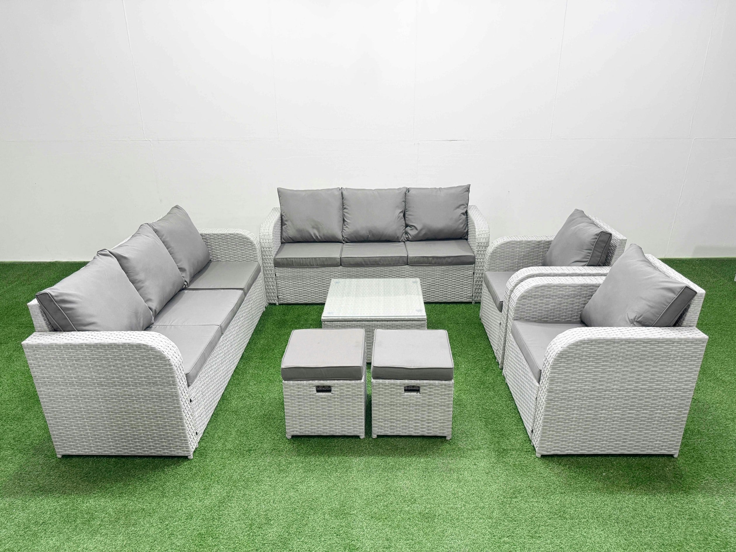 Fimous Light/Grey Pe Rattan High Back Lounge Sofa Set Patio Square Coffee Table & Chairs Set With 3 Seater Sofa Reclining Chair Stools
