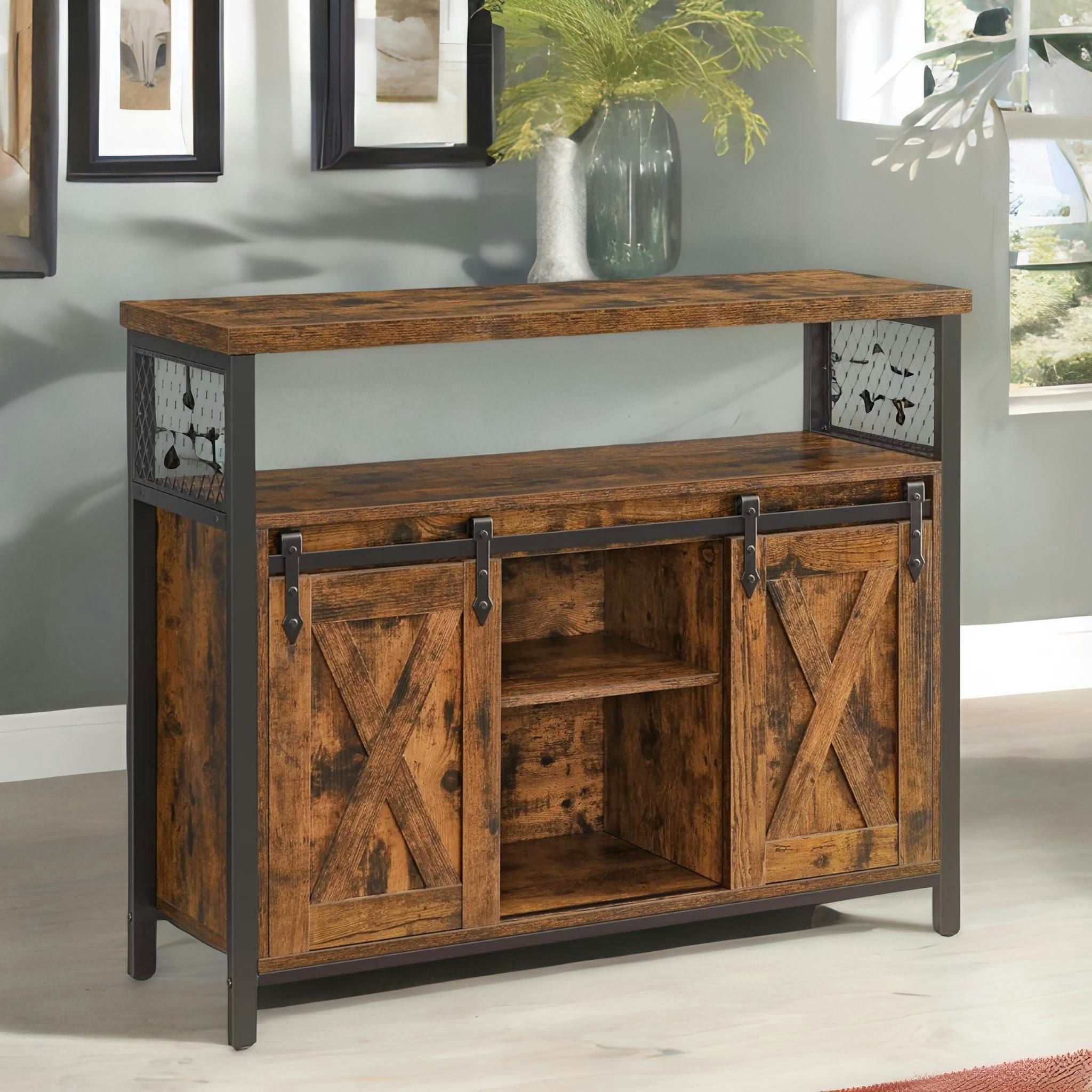 Rafaelo Mobilia Brown Multipurpose Kitchen Sideboard Cabinet With Sliding Barn Doors Rustic