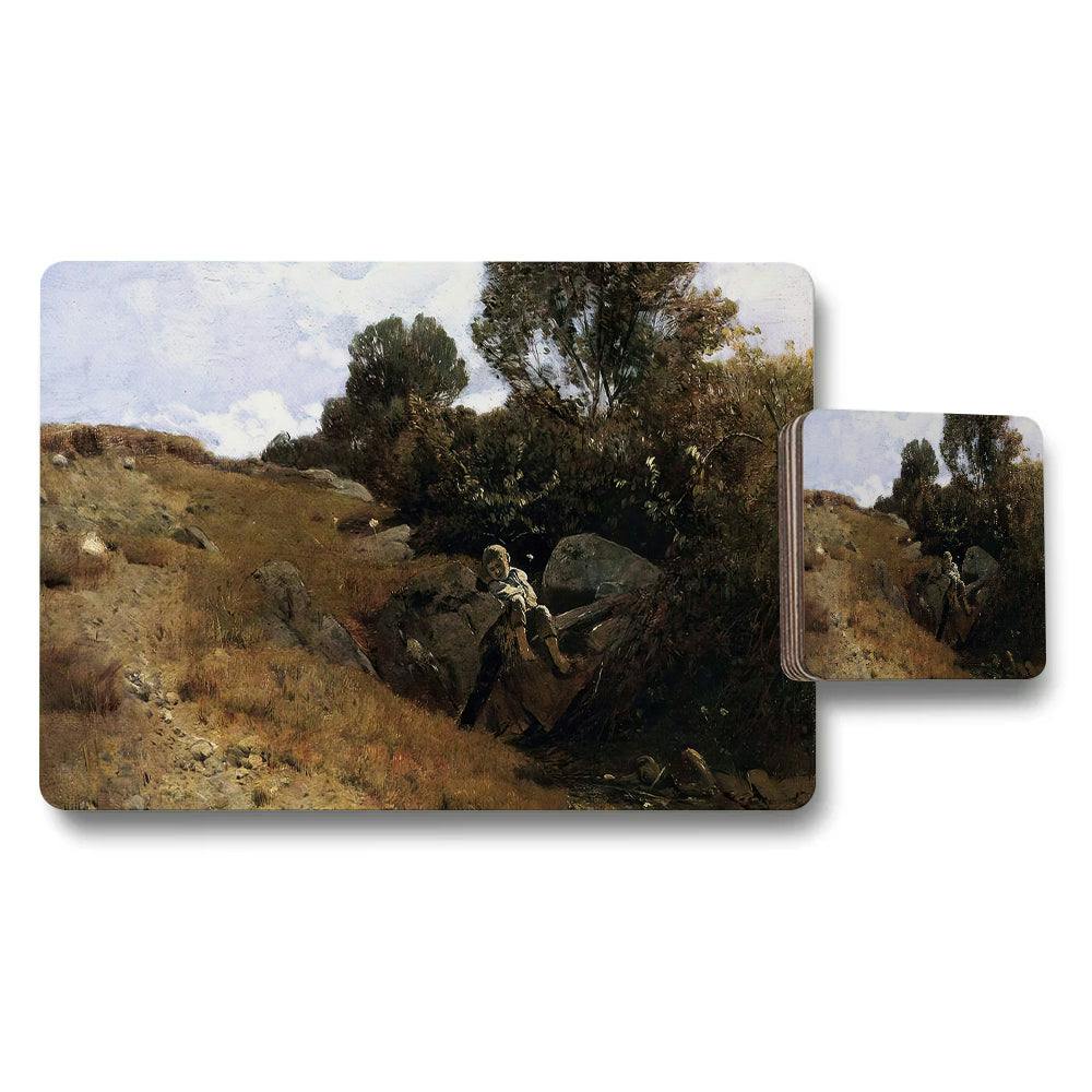 Benjamin Tate Design Brown Landscape Placemats And Coasters Set With Rustic Hill Scene
