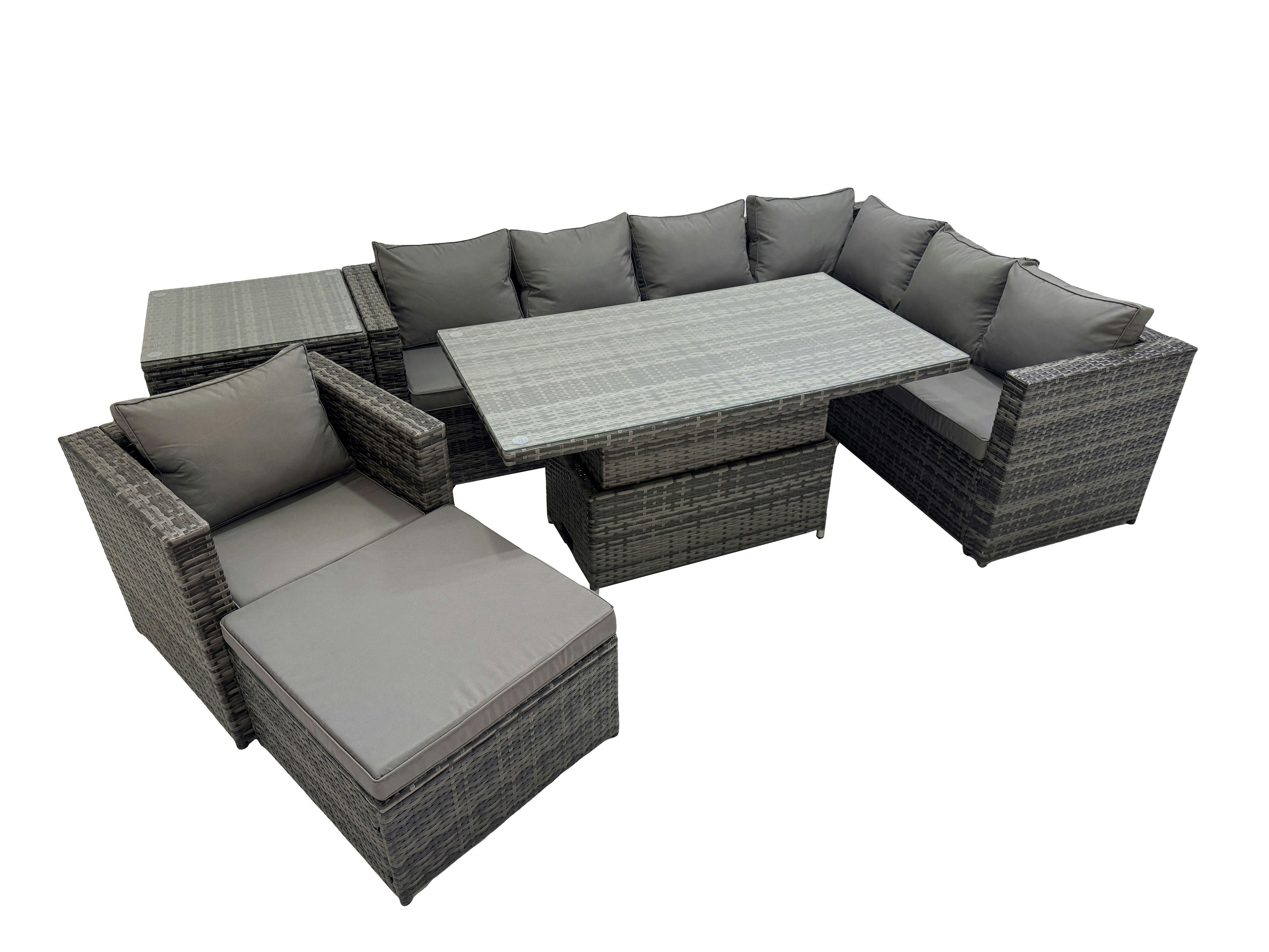 Rackhams Dark/Grey 8 Seater Rattan Height Adjustable Rising Lifting Table Corner Sofa Sets With Chair Big Stools Side Table Mixed