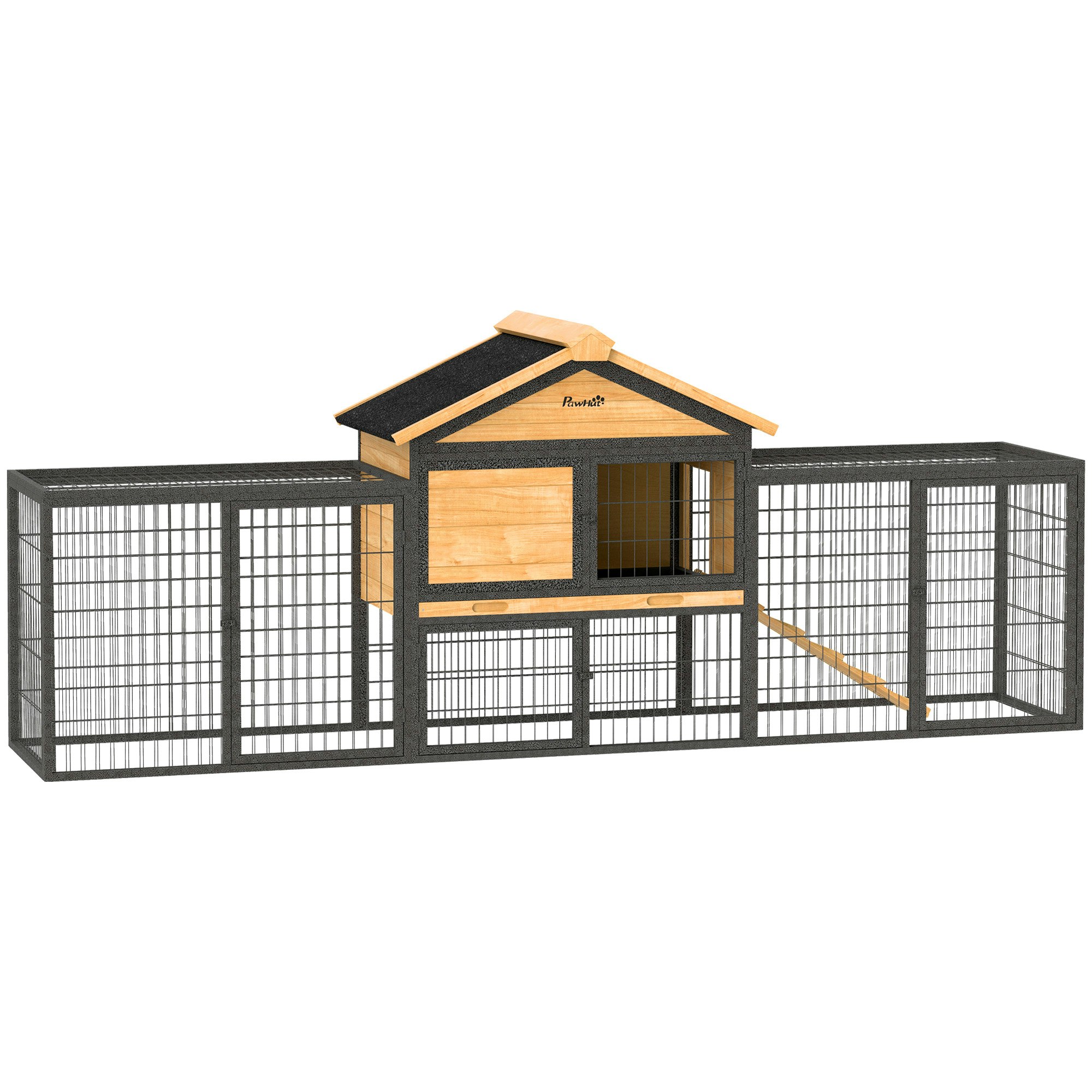 Pawhut Rabbit Hutch Outdoor With Steel Run Removable Plastic Tray Natural - Natural Wood Finish - Fir Wood, Steel - Size 1
