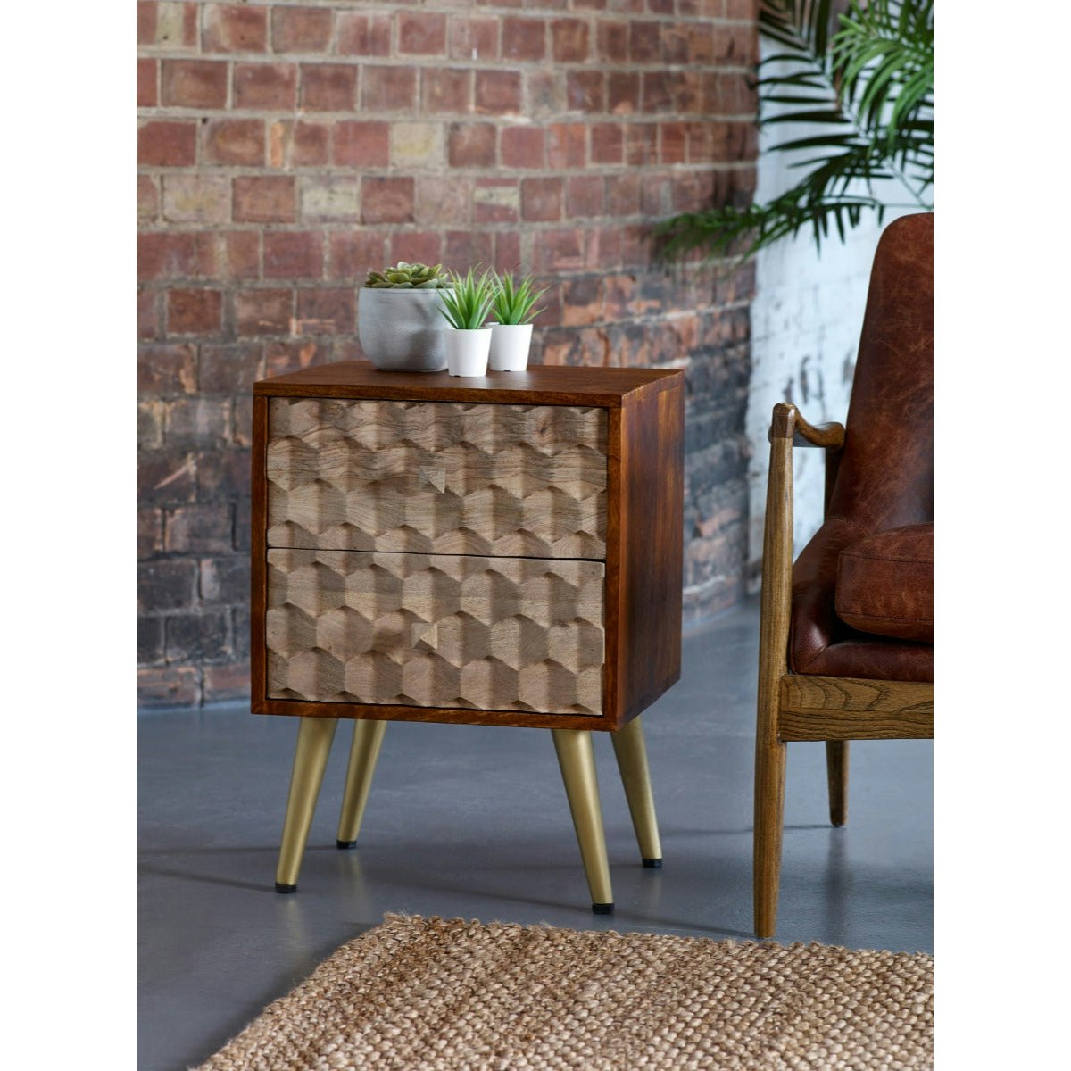 Rackhams Gold/Grain Camille Retro 2 Drawer Side Table - 45Cm X 40Cm X 60Cm (Lxdxh) - Wood - 1