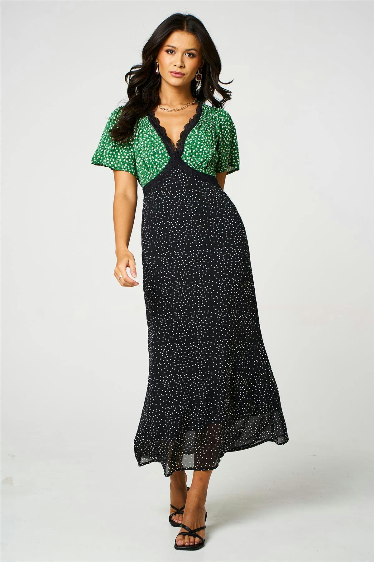 Fs Collection Black/Green Dot & Floral Print Angel Sleeve Maxi Dress - Xl