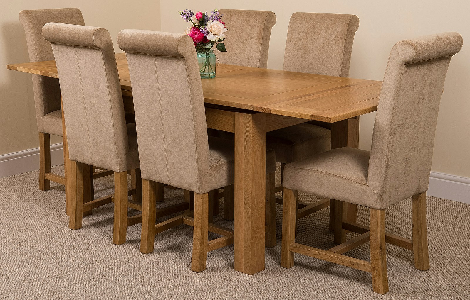 Rackhams Beige Richmond Oak Extendable Dining Table With Washington Fabric Chairs - 6 Chairs Medium