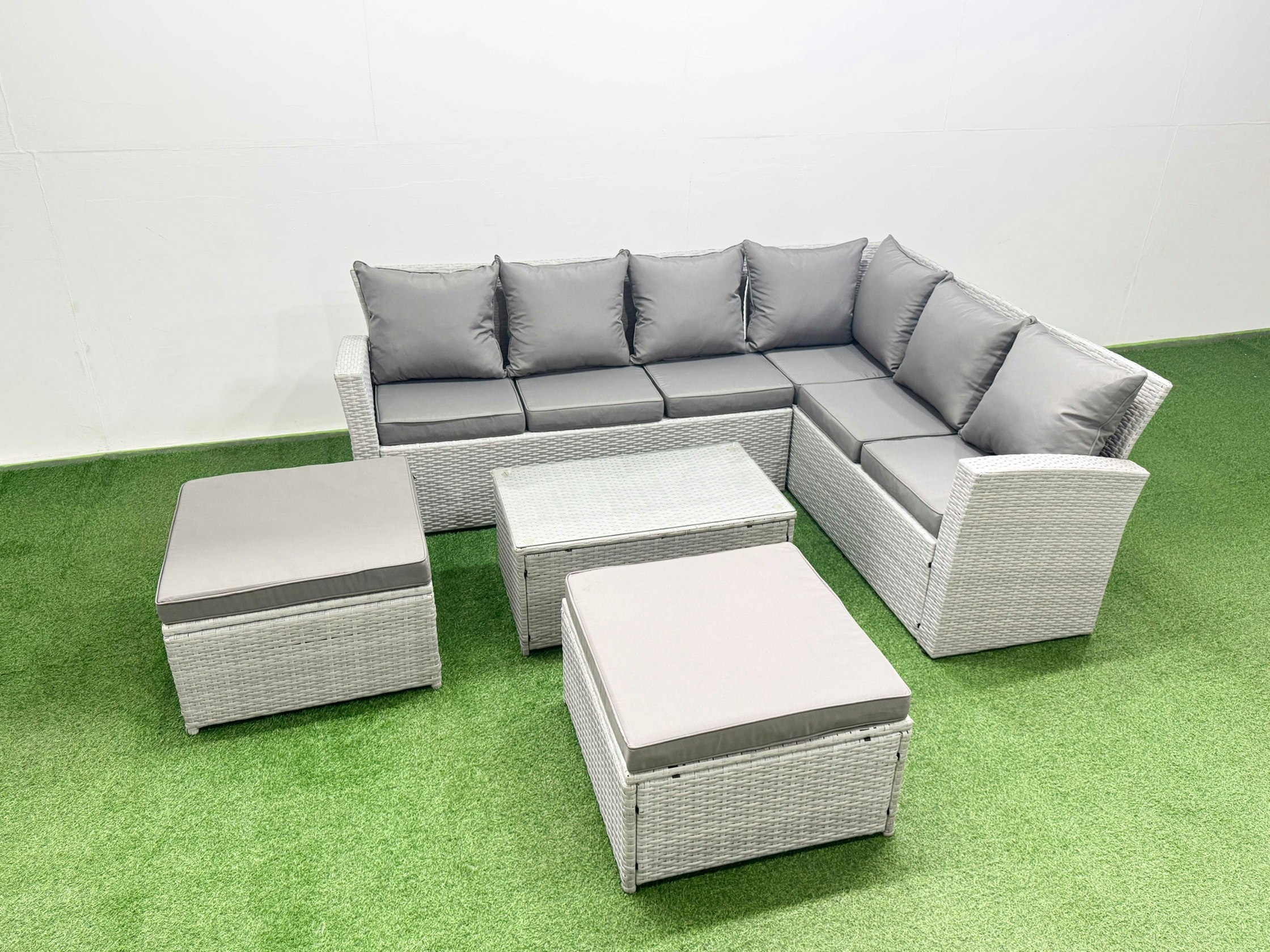 Fimous Light/Grey Garden Outdoor Pe Rattan Furniture Set 8 Seater Rattan Garden Sofa Set With Oblong Coffee Table Mixed