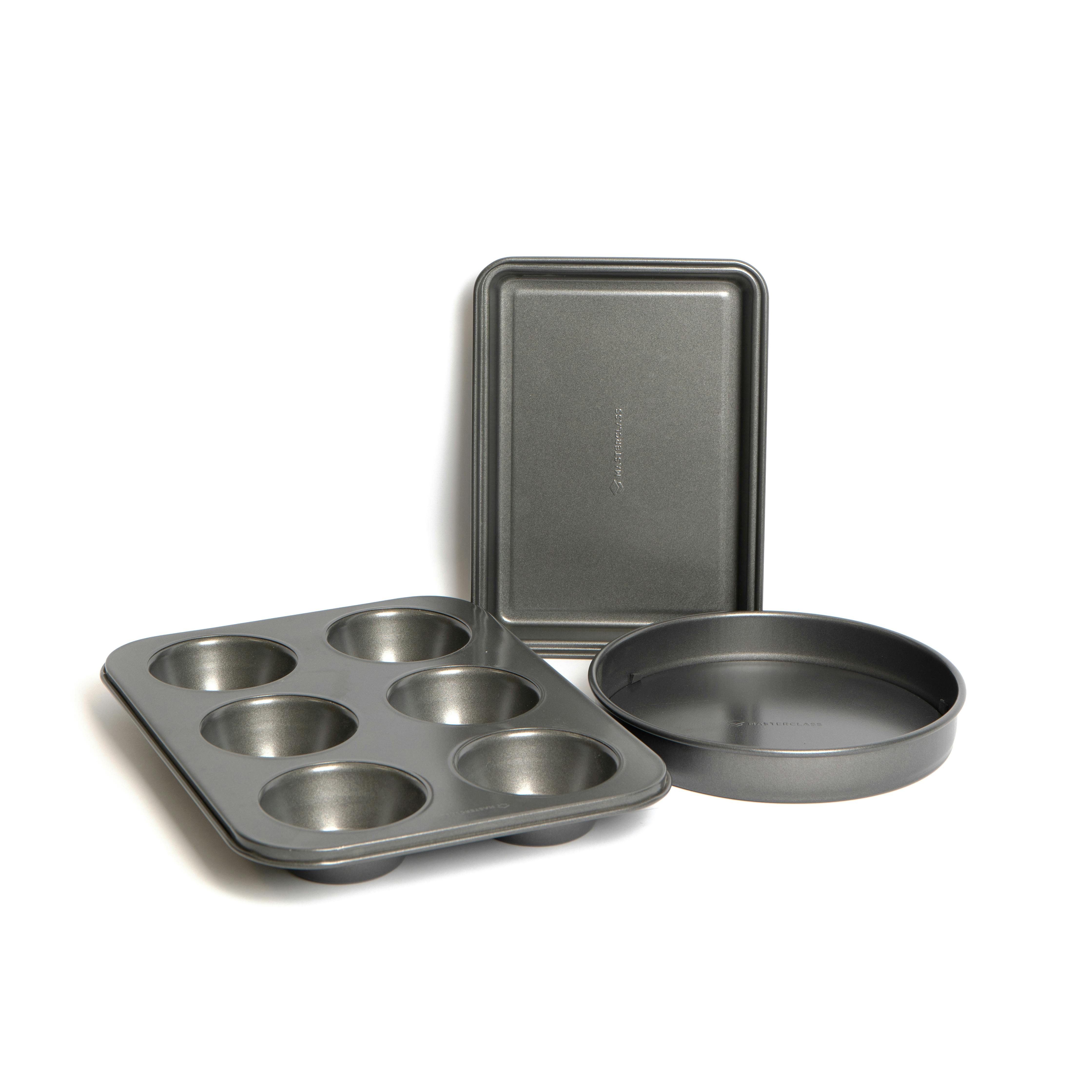 Rackhams Grey 3Pc Non-Stick Baking Pan Bundle, Includes Muffin Pan, 23Cm Loose Base Sandwich Pan And Brownie Pan - Carbon Steel - Cake Tins