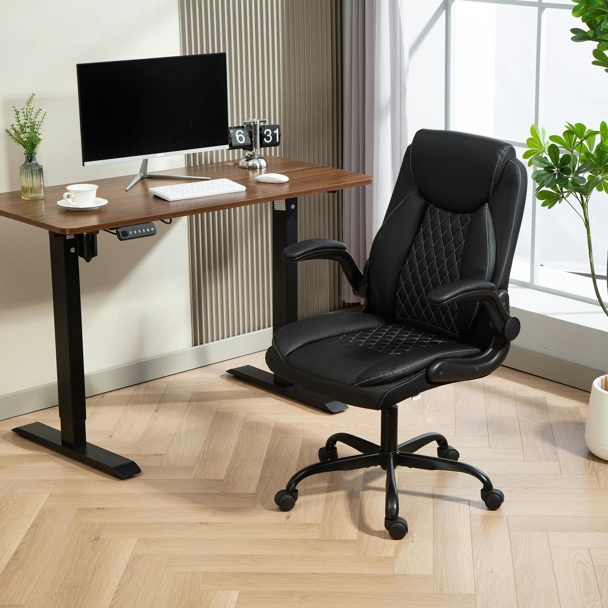 Rackhams Black Pu Leather Office Desk Chair With Thick Cushion,