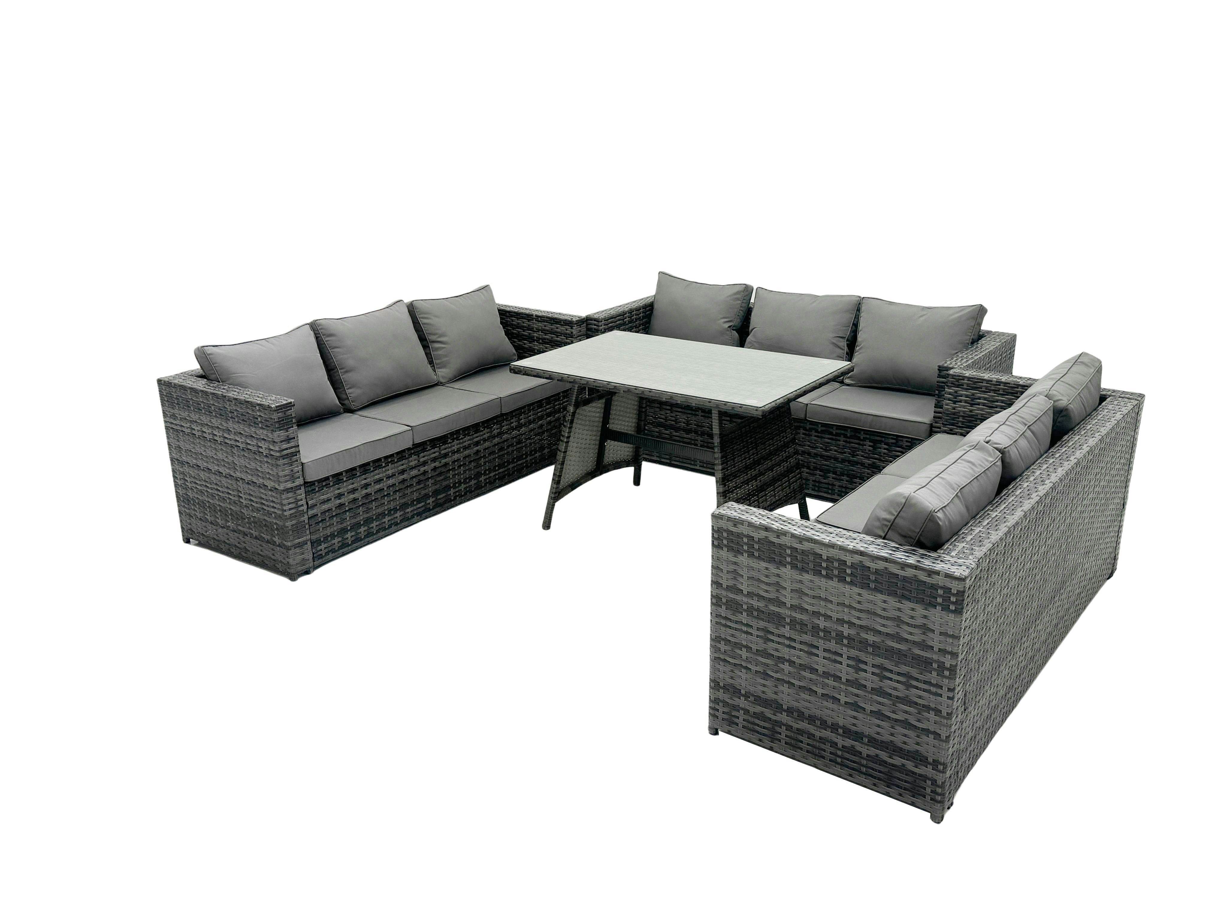 Fimous Outdoor Rattan Garden Furniture Lounge Sofa Set With Oblong Dining Table With Clear Tempered Glass