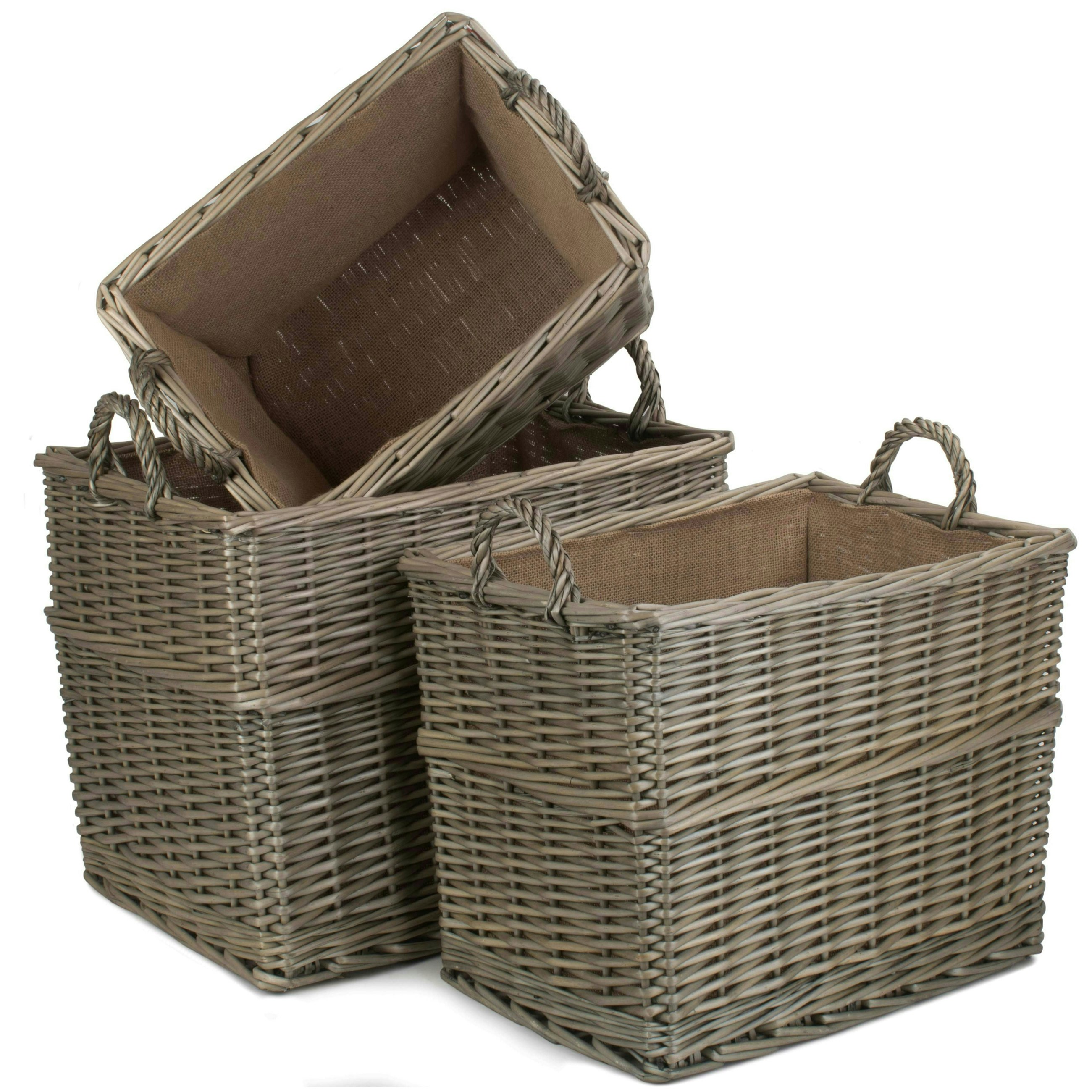 Red Hamper Red/Brown Hamper Rectangular Hessian Lined Wicker Log Basket - Set Of 3