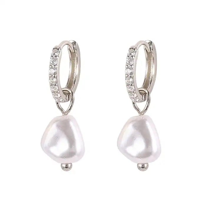 Spero London Silver Huggie Pearl Drop Earrings In Sterling