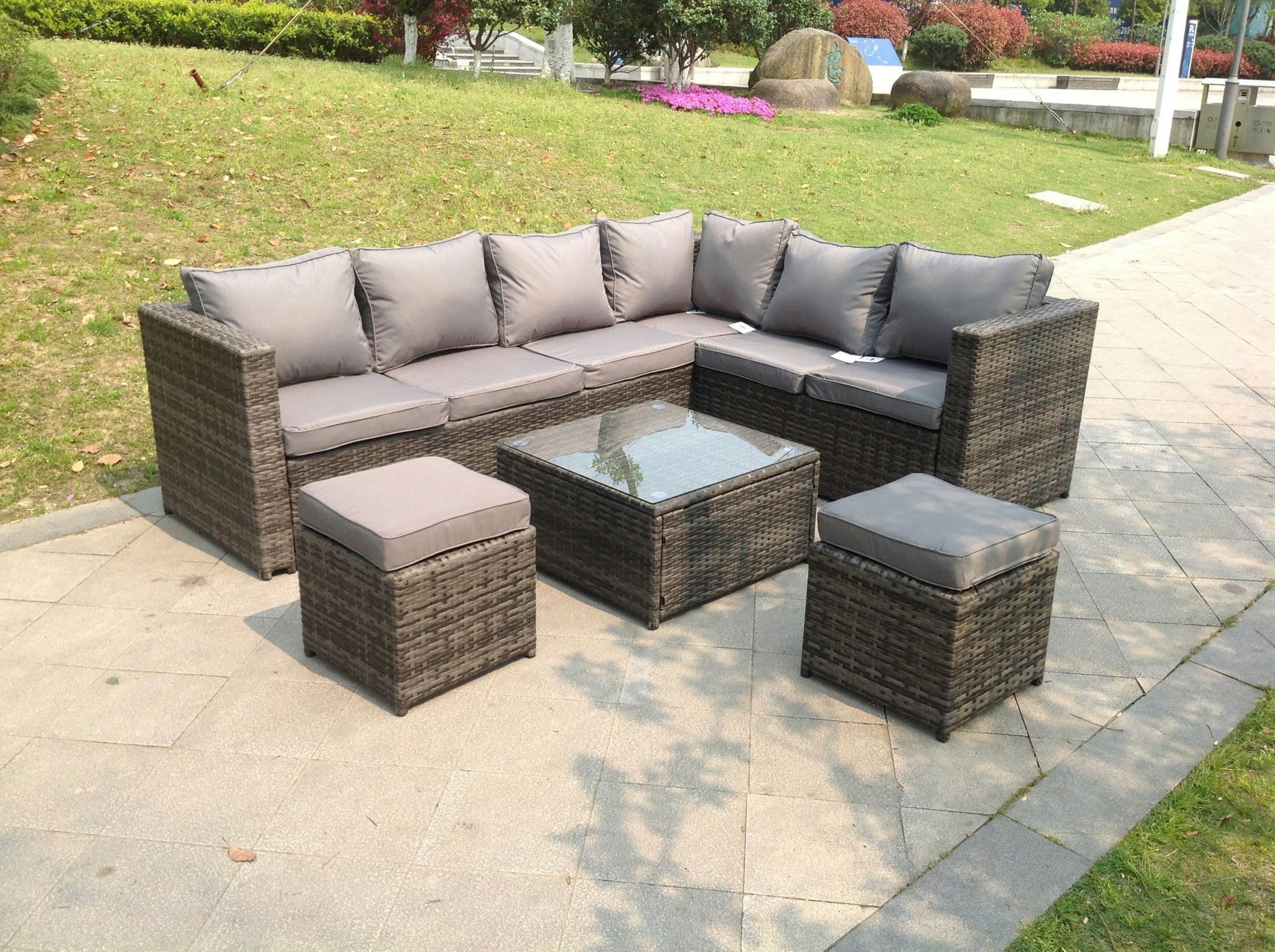 Rackhams Grey 8 Seater Rattan Corner Sofa Set Coffee Table Garden Furniture Outdoor