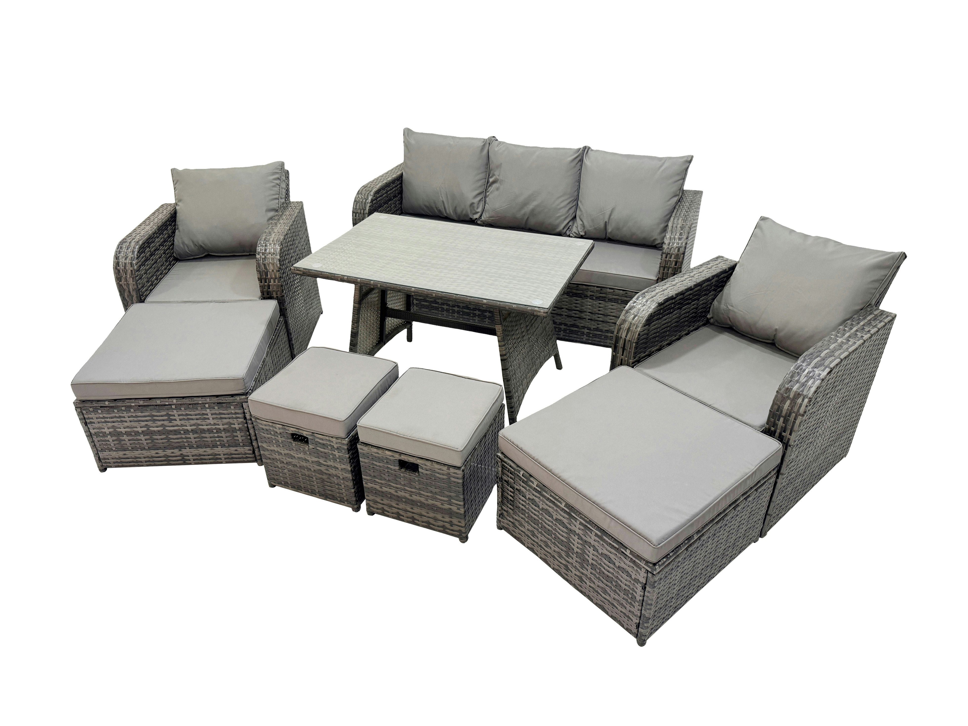 Rackhams Dark/Grey Garden Rattan Outdoor Furniture Set 9 Seater With 3 Seater Sofa 2 Big Stool 2 Small Stools