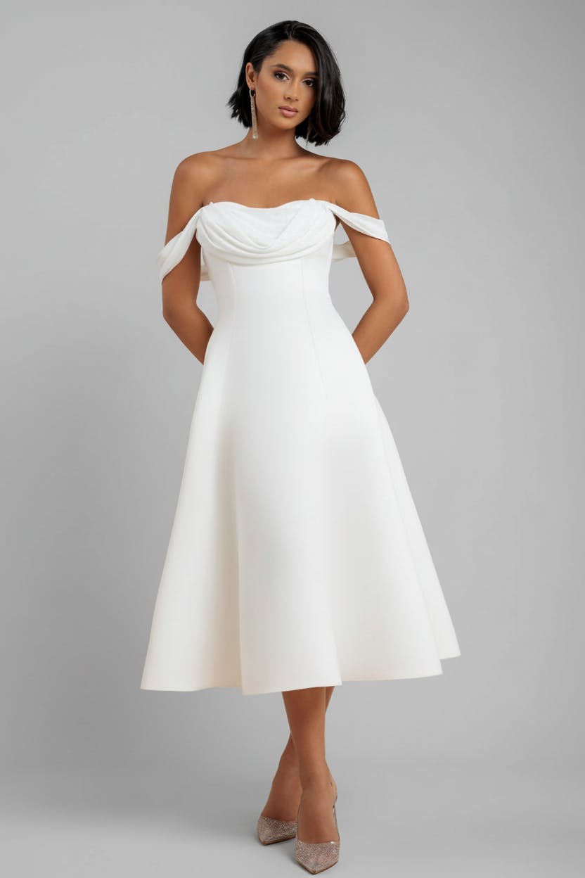 Goddiva Cream Sparkle Chiffon Cowl Bardot Skater Midi Dress - By - 10