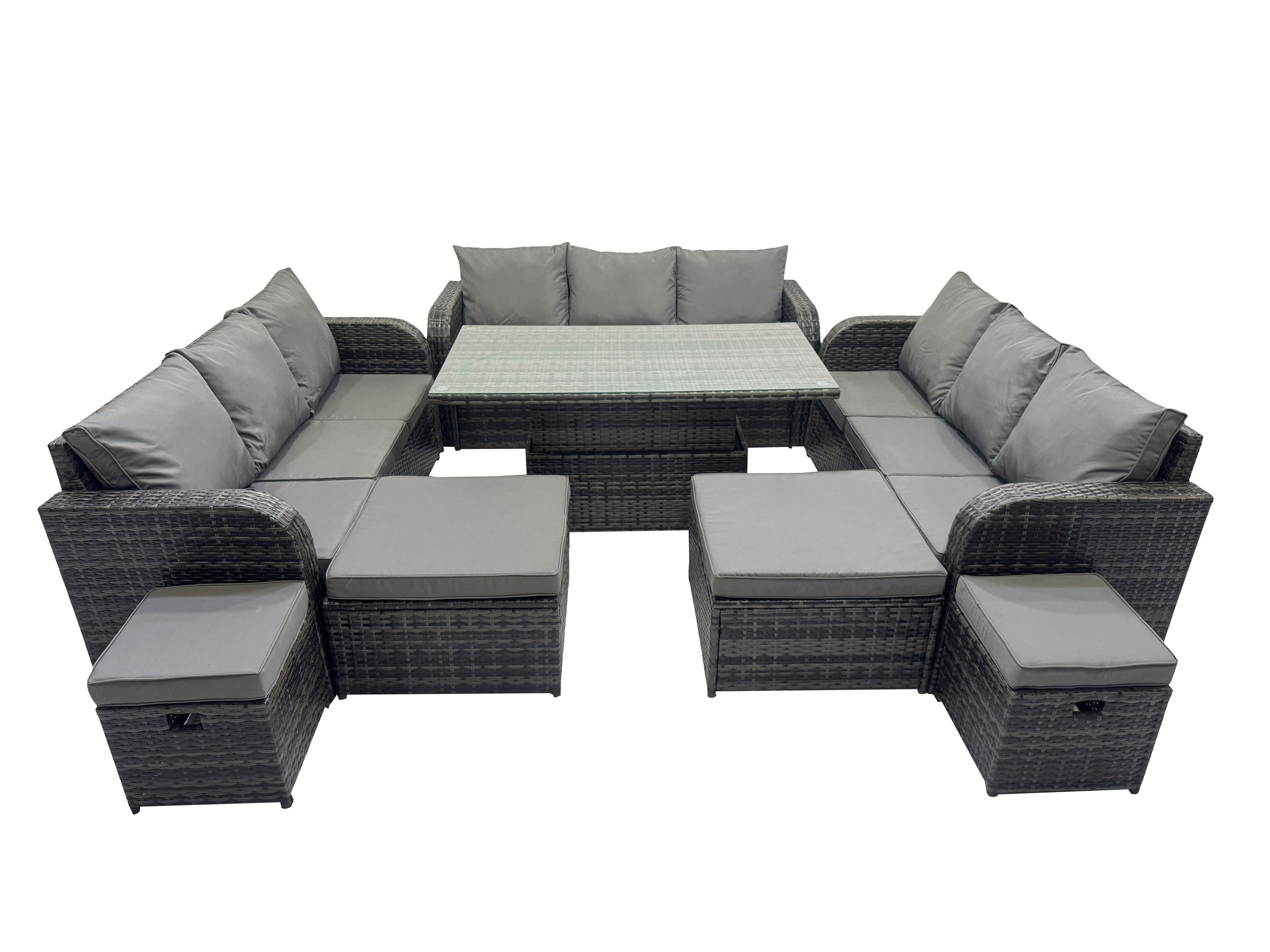 Rackhams Dark/Grey Rattan Garden Furniture Dining Set 13 Seater Patio Height Adjustable Rising Lifting Table Sofa Set With 4 Footstools Mixed