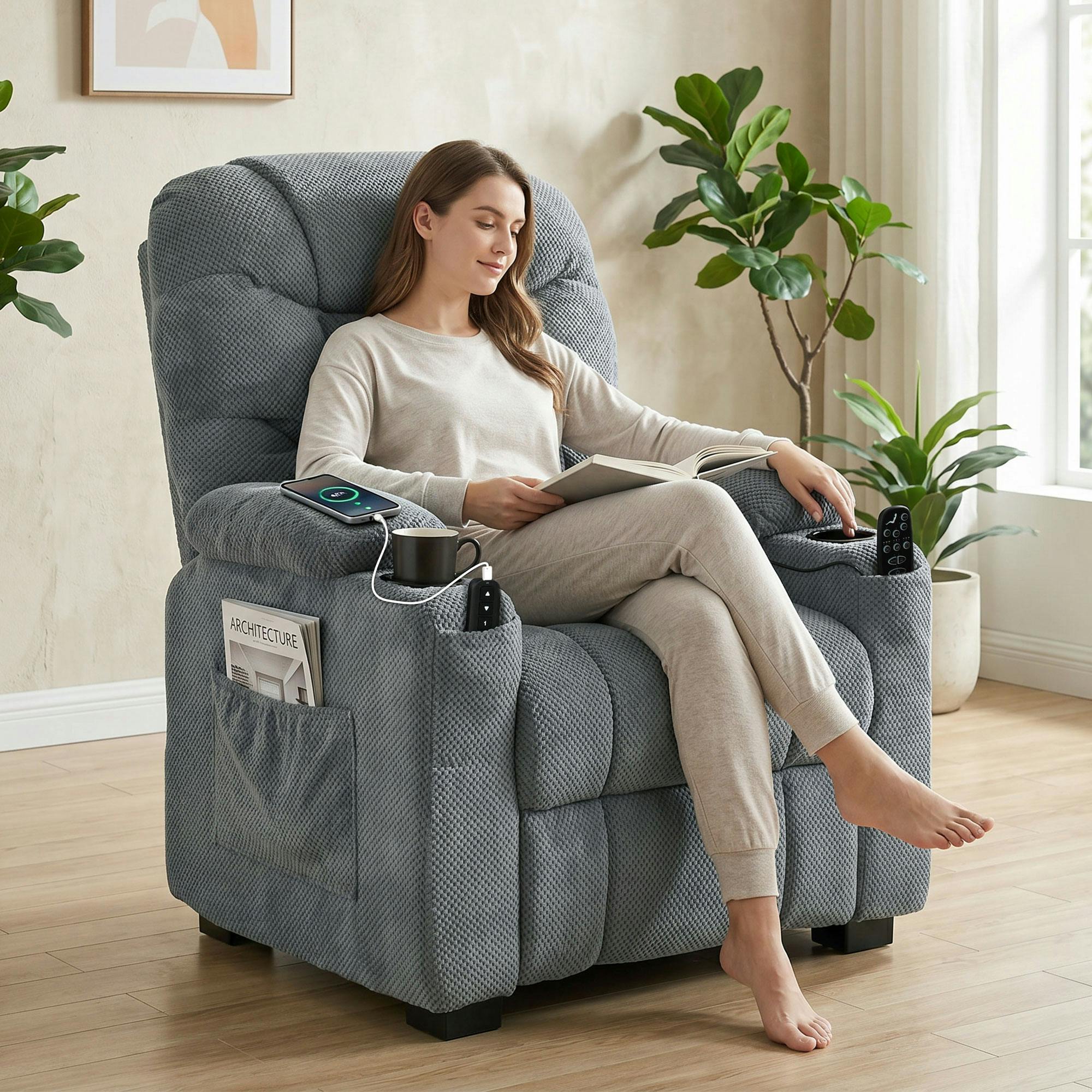 Rackhams Dark/Grey Electric Massage Recliner Chair With Heat, Reclining Chair,