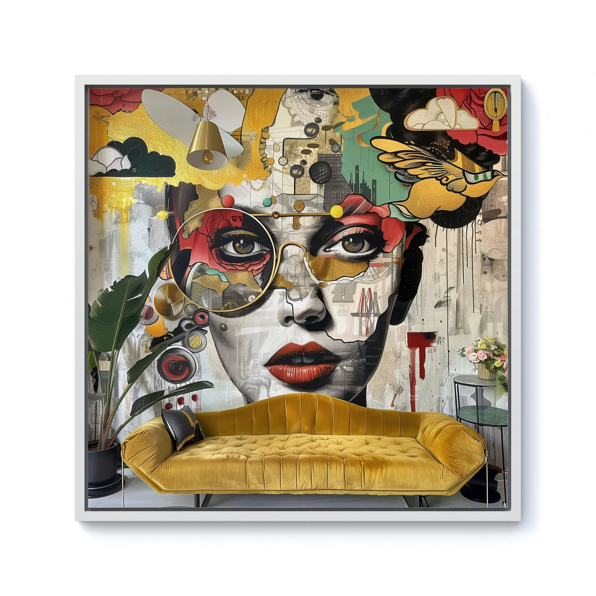 Warren Reed White Abstract Face Behind Sofa Framed Canvas - 10" X 10"