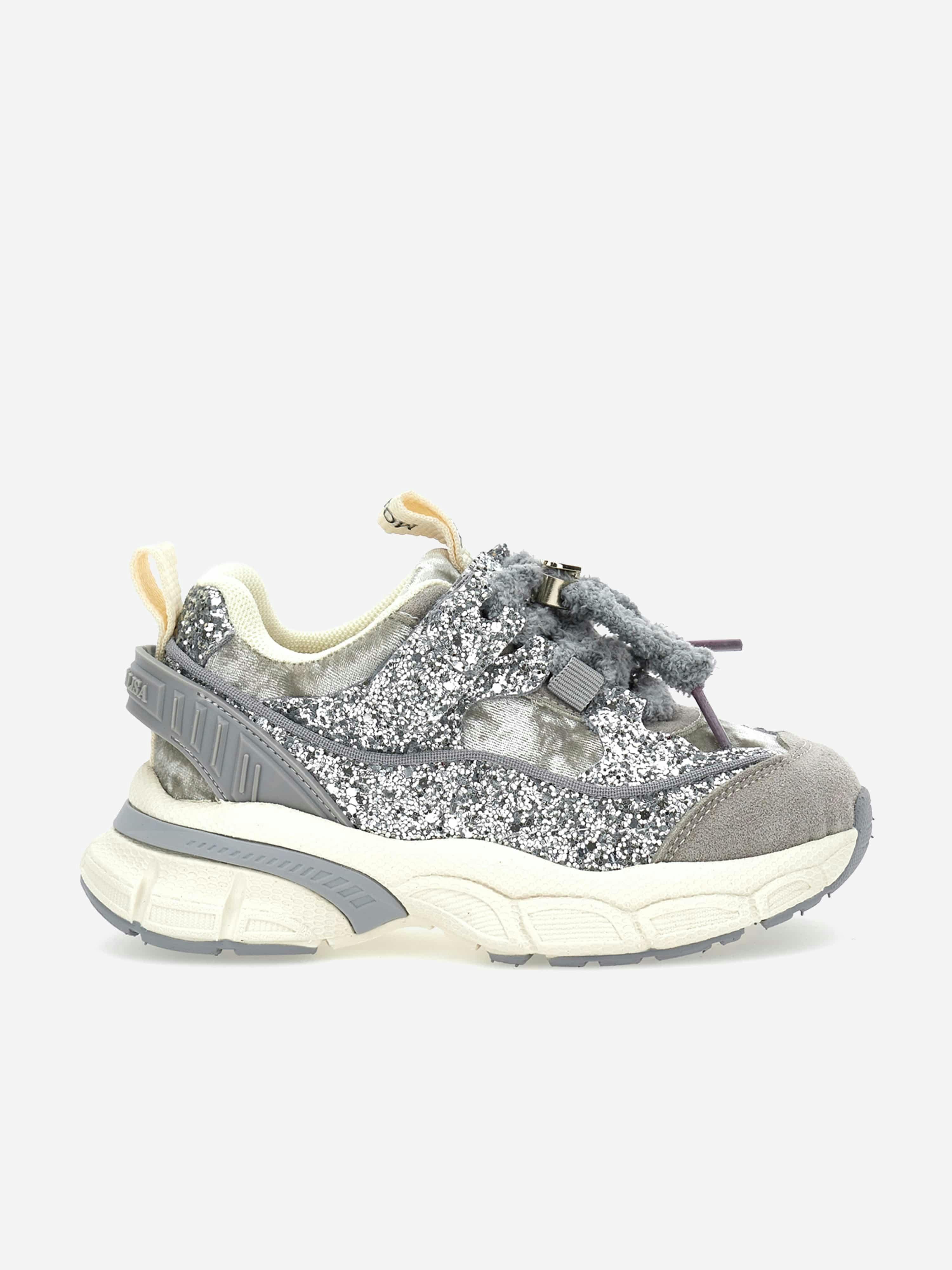 Monnalisa Girls Grey Chunky Velvet And Glitter Trainers In - Eu 34 Uk 2