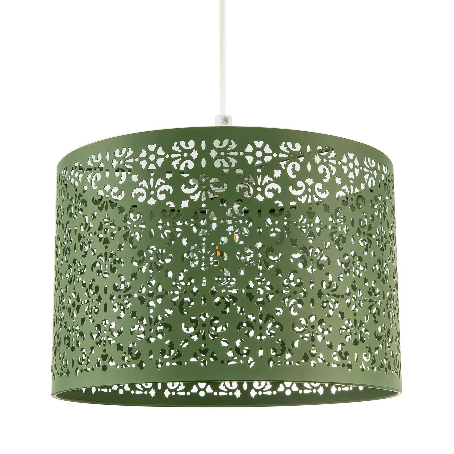 Happy Homewares Green/Light Olive Moroccan Metal Pendant Shade With Floral Decoration