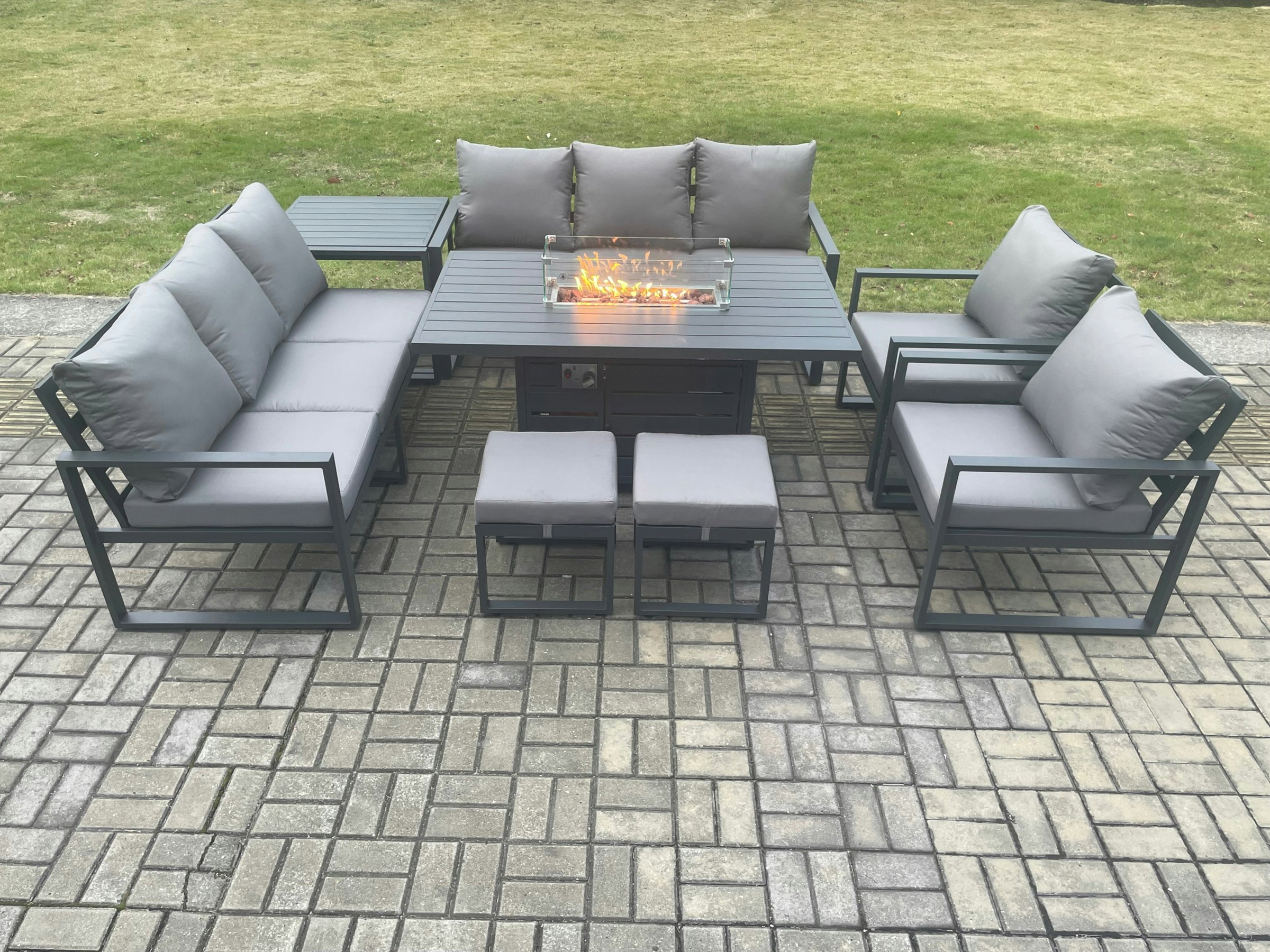 Fimous Dark/Grey Aluminium Outdoor Garden Furniture Set Patio Lounge Sofa Gas Fire Pit Dining Table Set With 2 Small Footstools Side Table