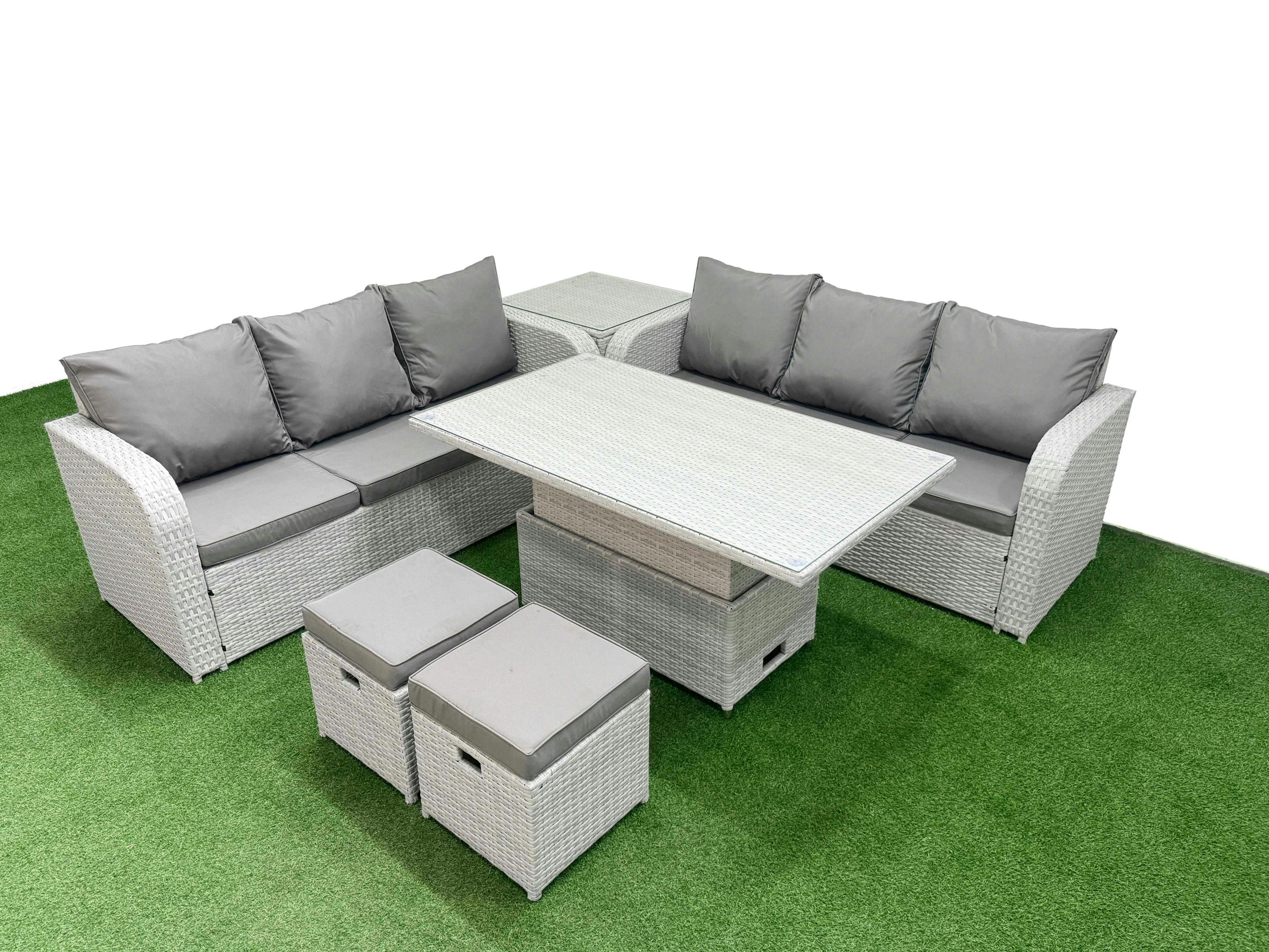 Rackhams Light/Grey 8 Seater Garden Sofa Set, Rattan Furniture, Adj Height Table, High Back Lounge Sofa, Stools And Side Table,