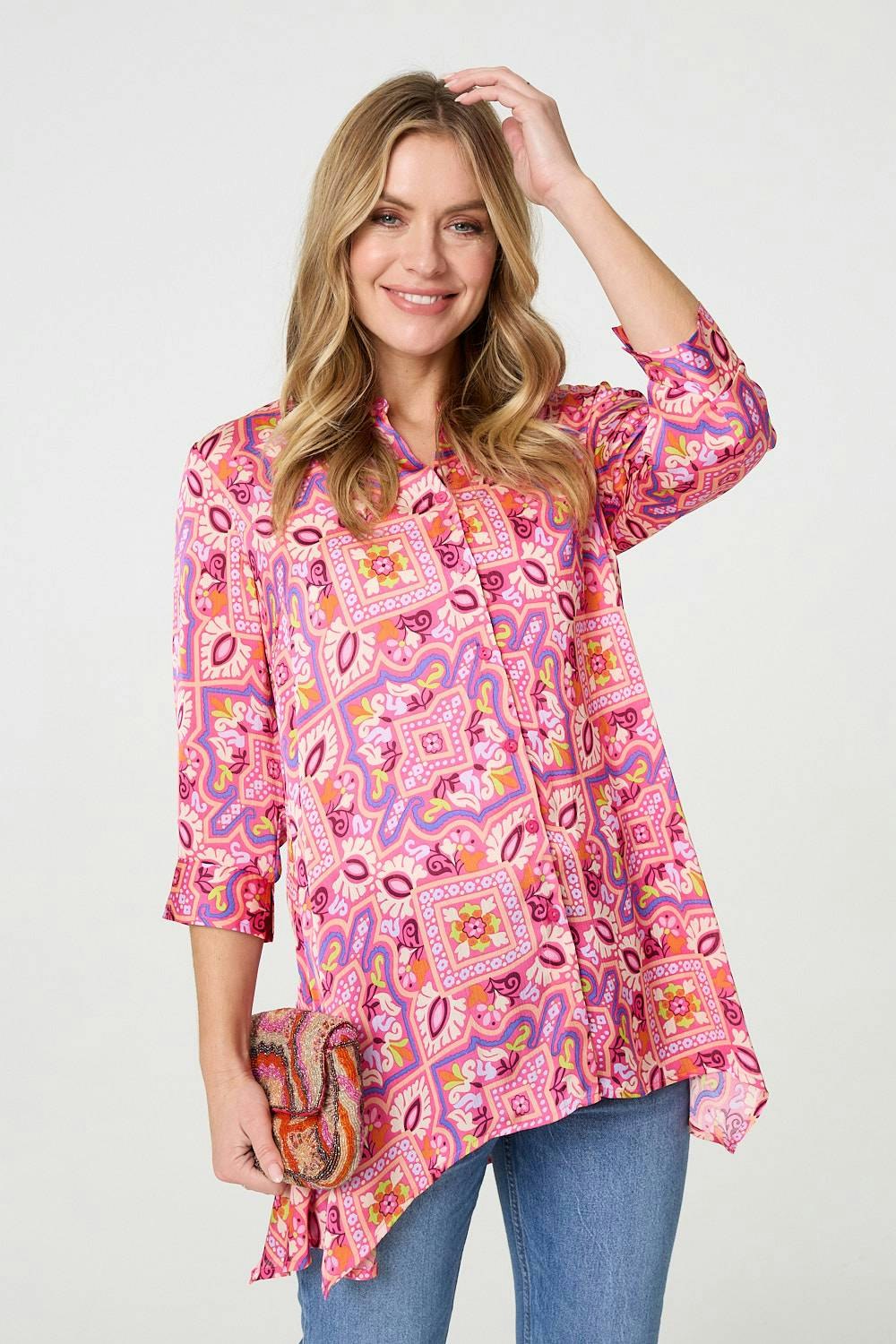 Izabel London Pink Mosaic Print 3/4 Sleeve Longline Blouse - 8