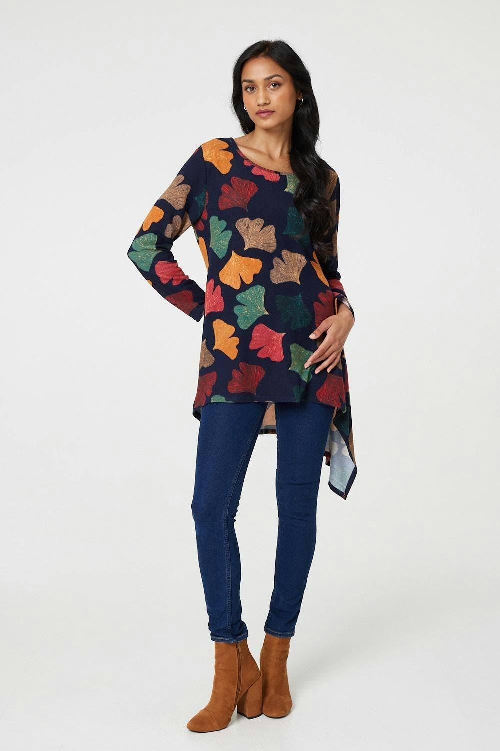 Izabel London Leaf Print High Low Tunic Top - Navy - 8