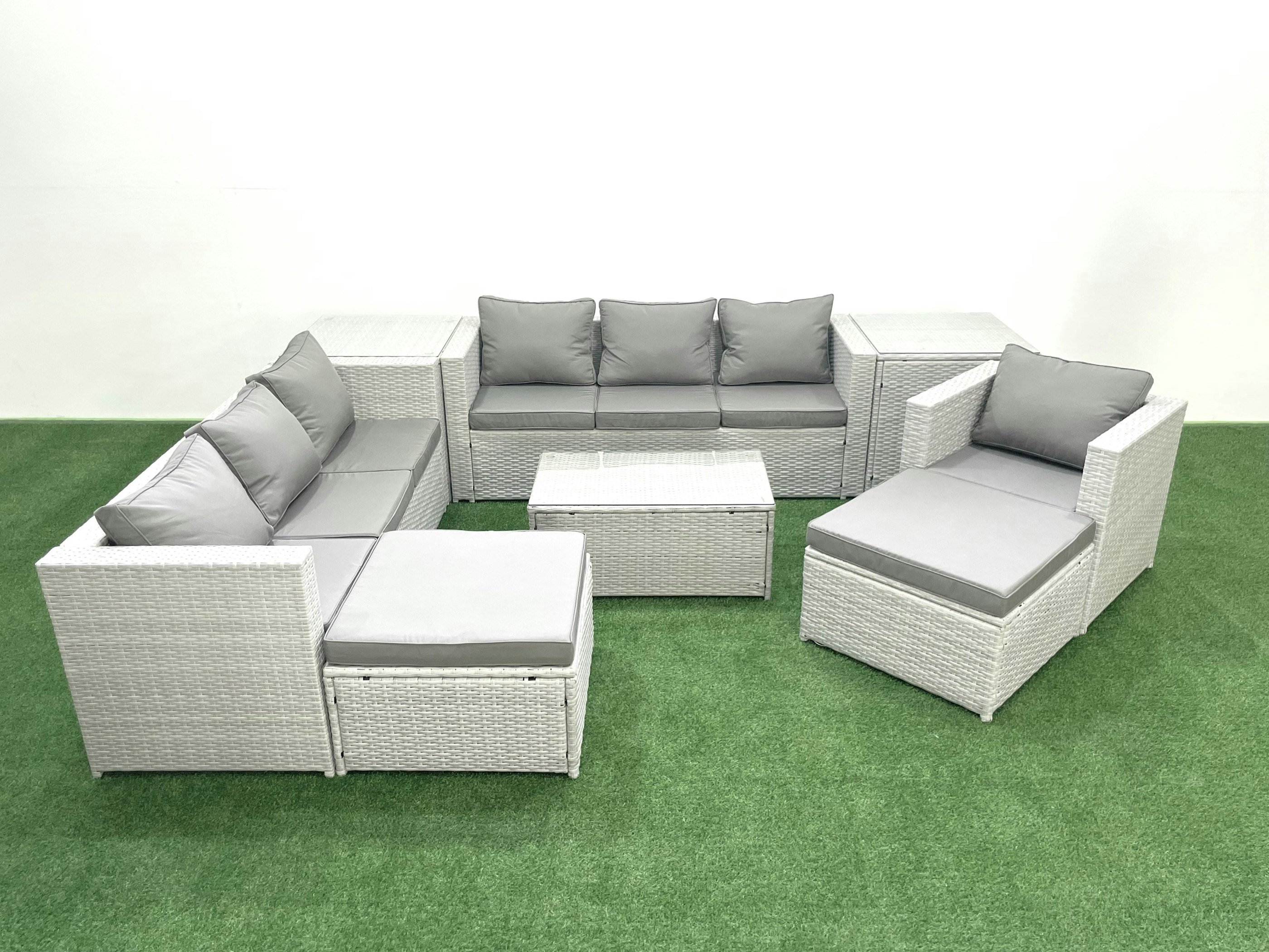 Fimous Light/Grey Wicker Pe Rattan Sofa Garden Furniture Set With Armchair Oblong Coffee Table 2 Big Footstools 2 Side Tables Mixed