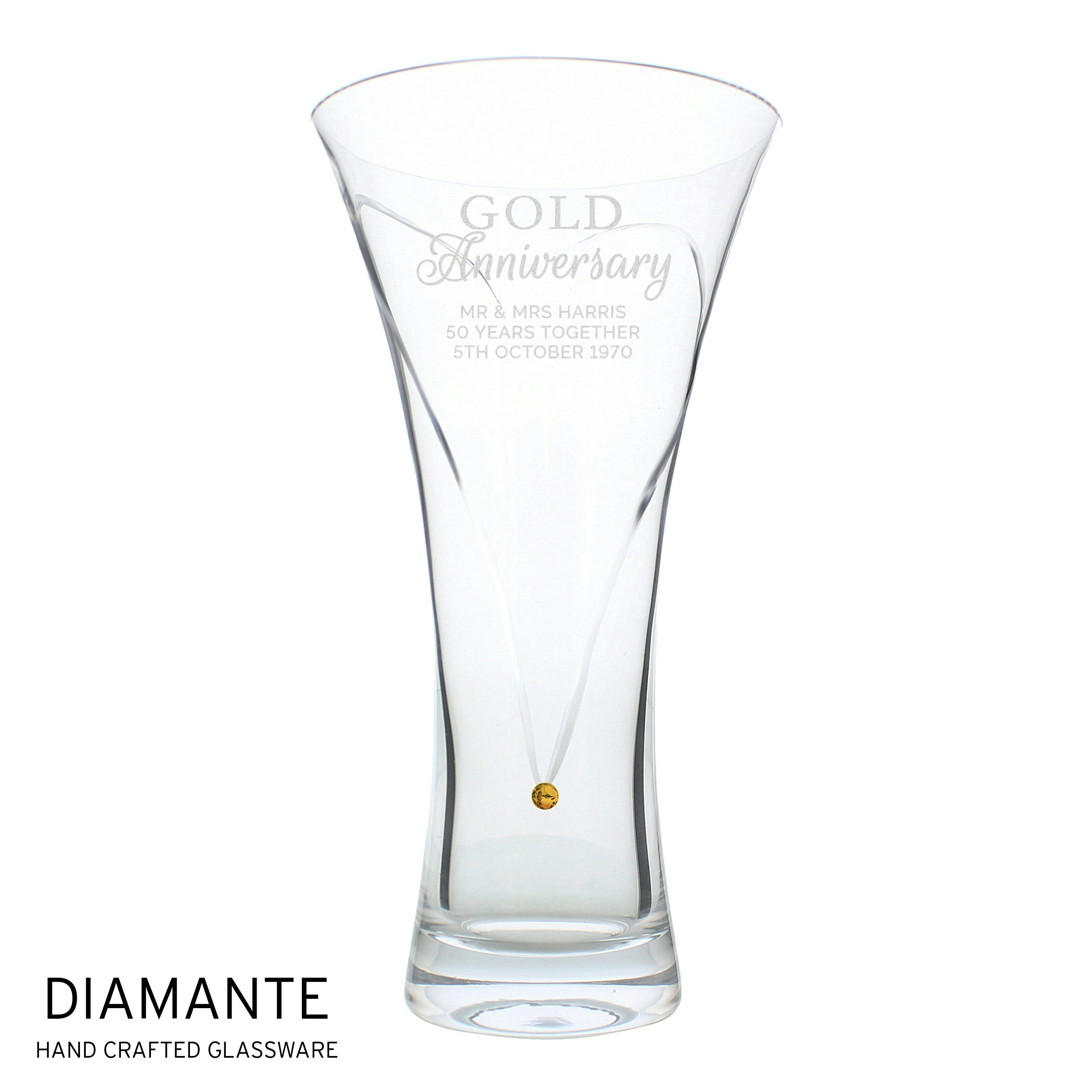 Rackhams Gold Personalised Anniversary Large Hand Cut Diamante Heart Vase