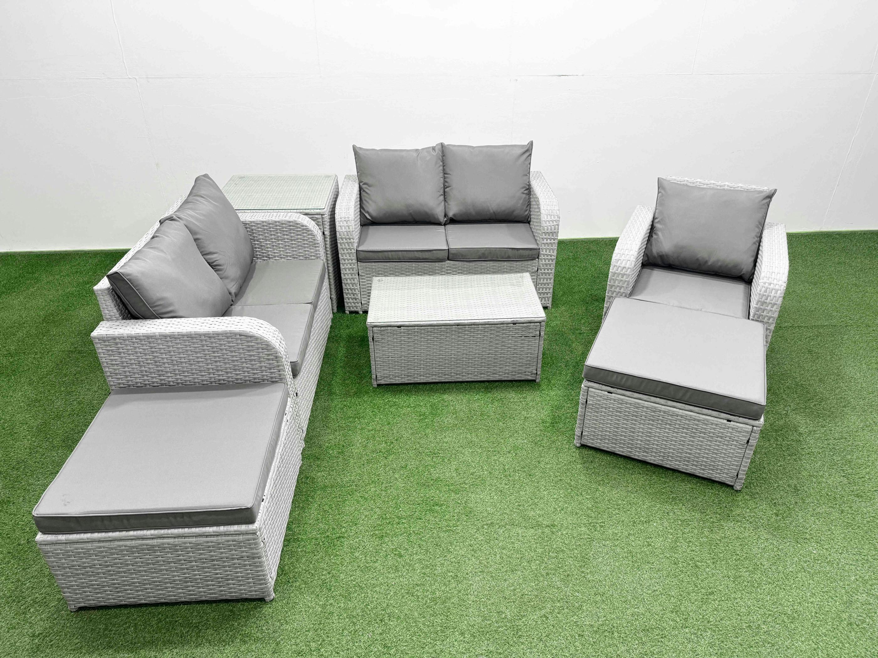 Rackhams Light/Grey 2 Big Stool Wicker Patio Set, High Back Poly Rattan, Reclining Loveseat, Coffee Table And Side Table,
