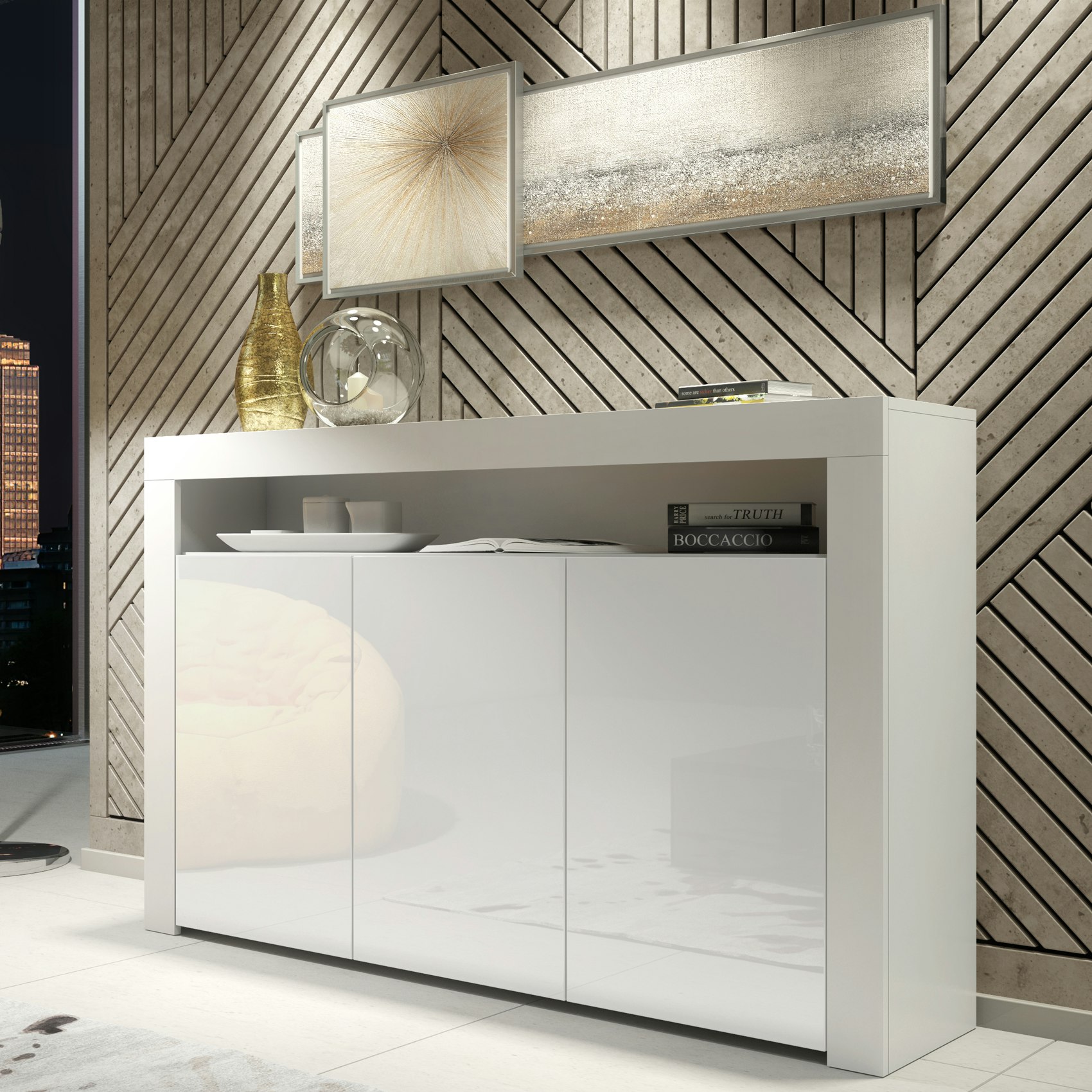 Rackhams White Sideboard 155Cm – Matt Body & Gloss Doors - 155 Cm - Mdf/Chipboard