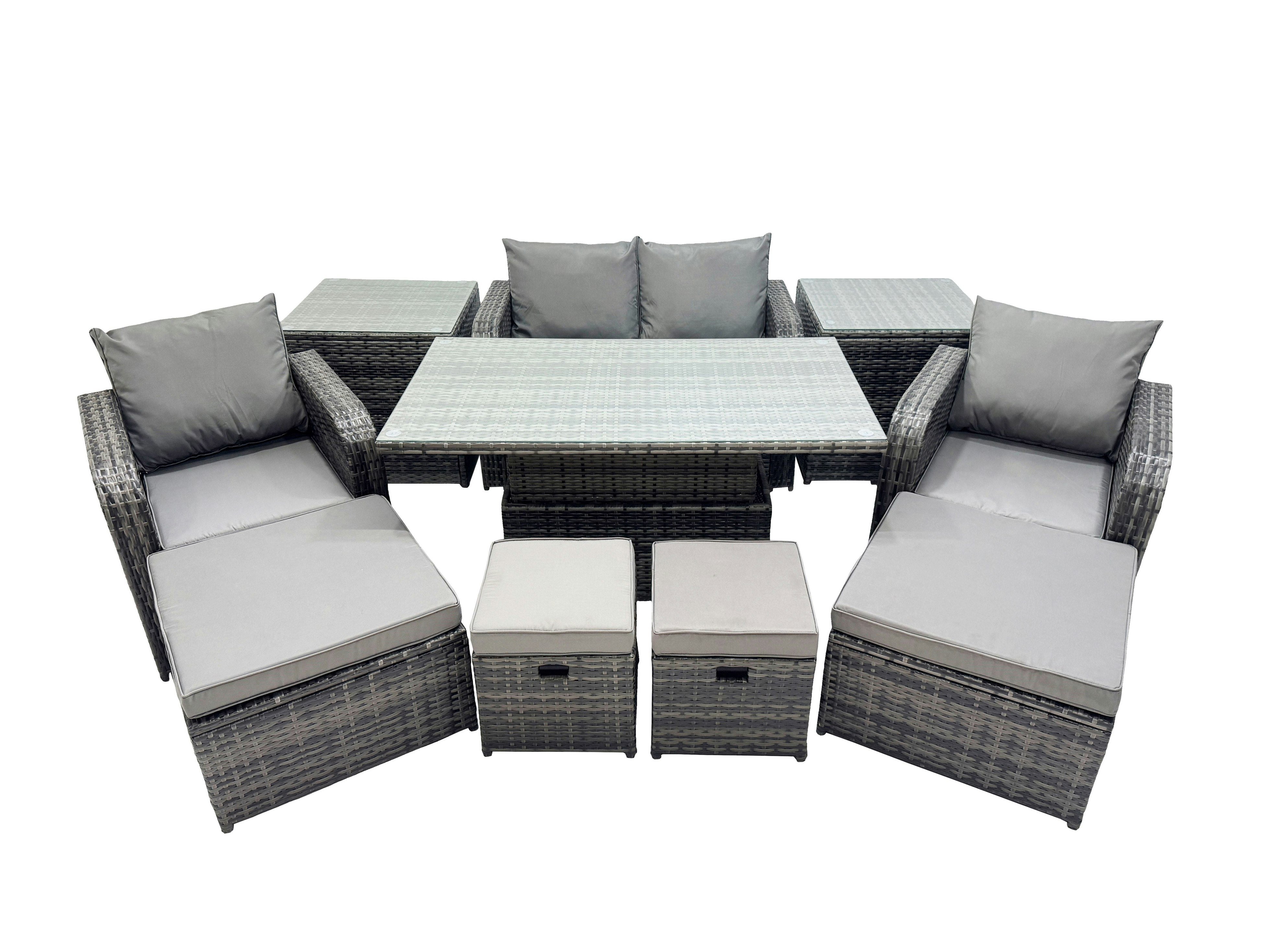 Fimous Dark/Grey 8 Seater Patio Height Adjustable Rising Lifting Table Sofa Sets Rattan Garden Furniture Dining Set With 2 Small Footstool Mixed