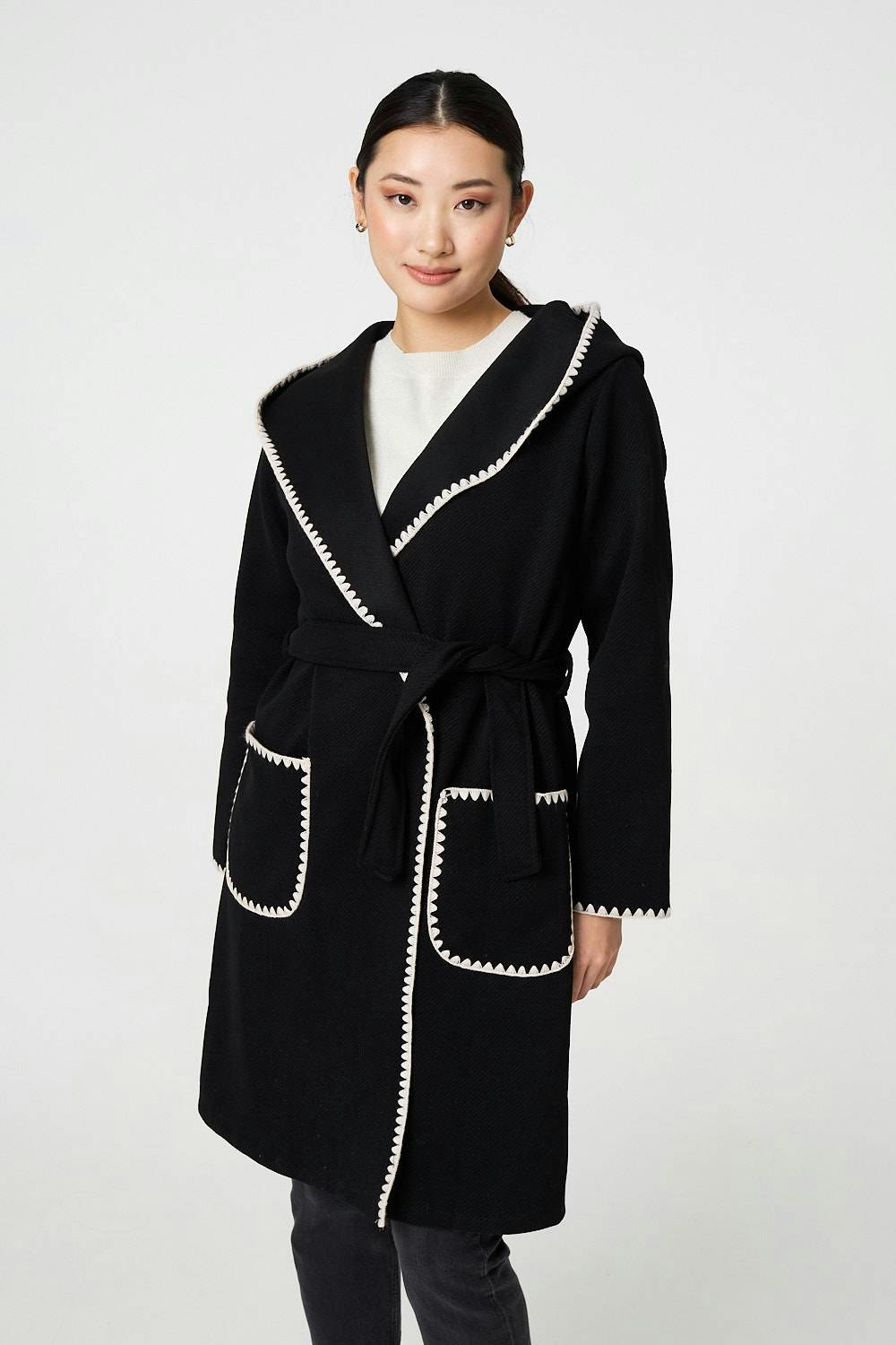 Izabel London Black Blanket Stitch Tie Waist Longline Coat - 8