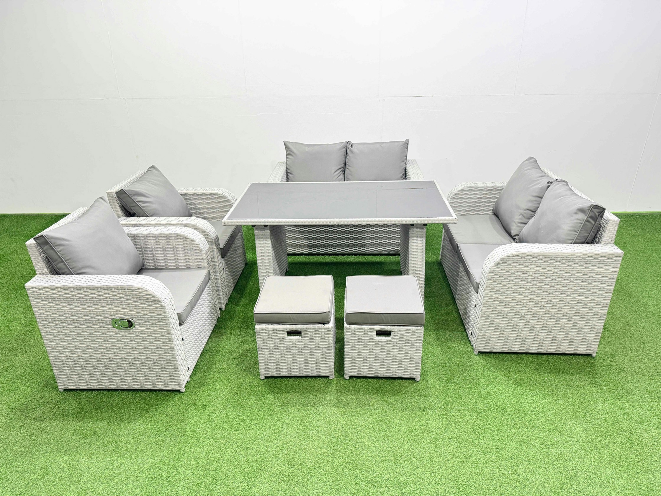 Rackhams Light/Grey 7 Pieces Outdoor Pe Rattan Sofa Reclining Chair Set Patio Garden Furniture Sets With Cushions 2 Small Stools