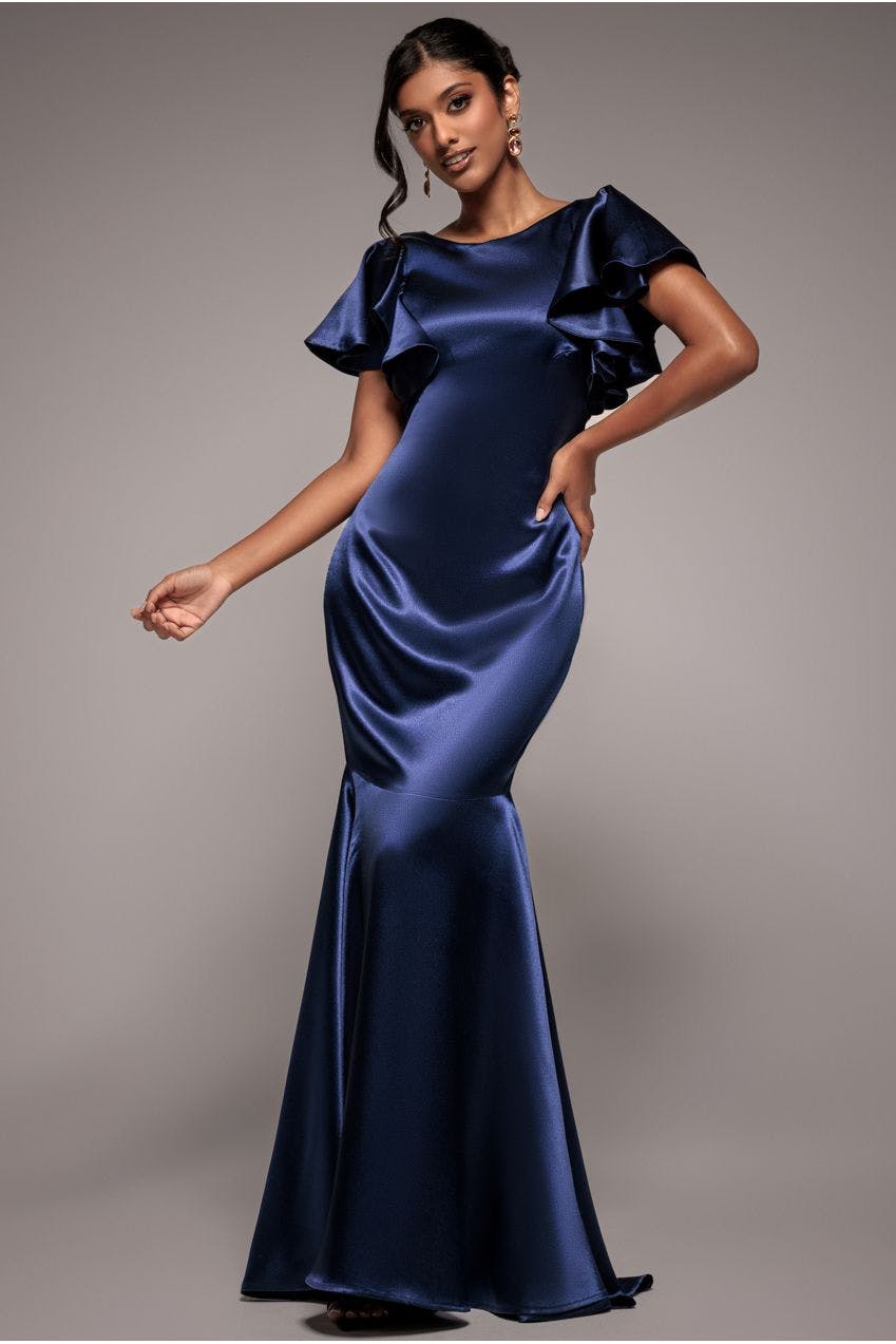 Goddiva Satin Flutter Sleeve Mermaid Maxi - Navy By - Navy - 12