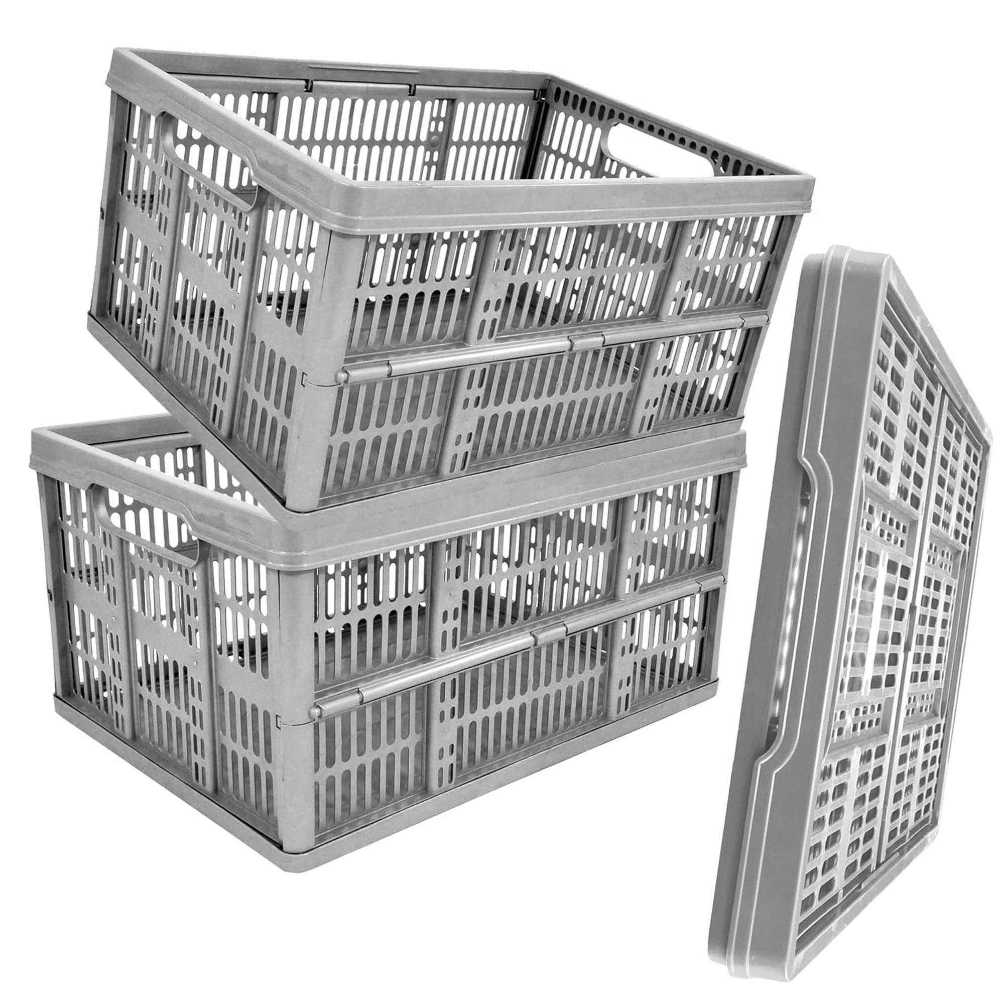 Storm Trading Group Grey 32L Plastic Folding Crate Boxes With Handles Collapsible, Foldable & Stackable - 2 X