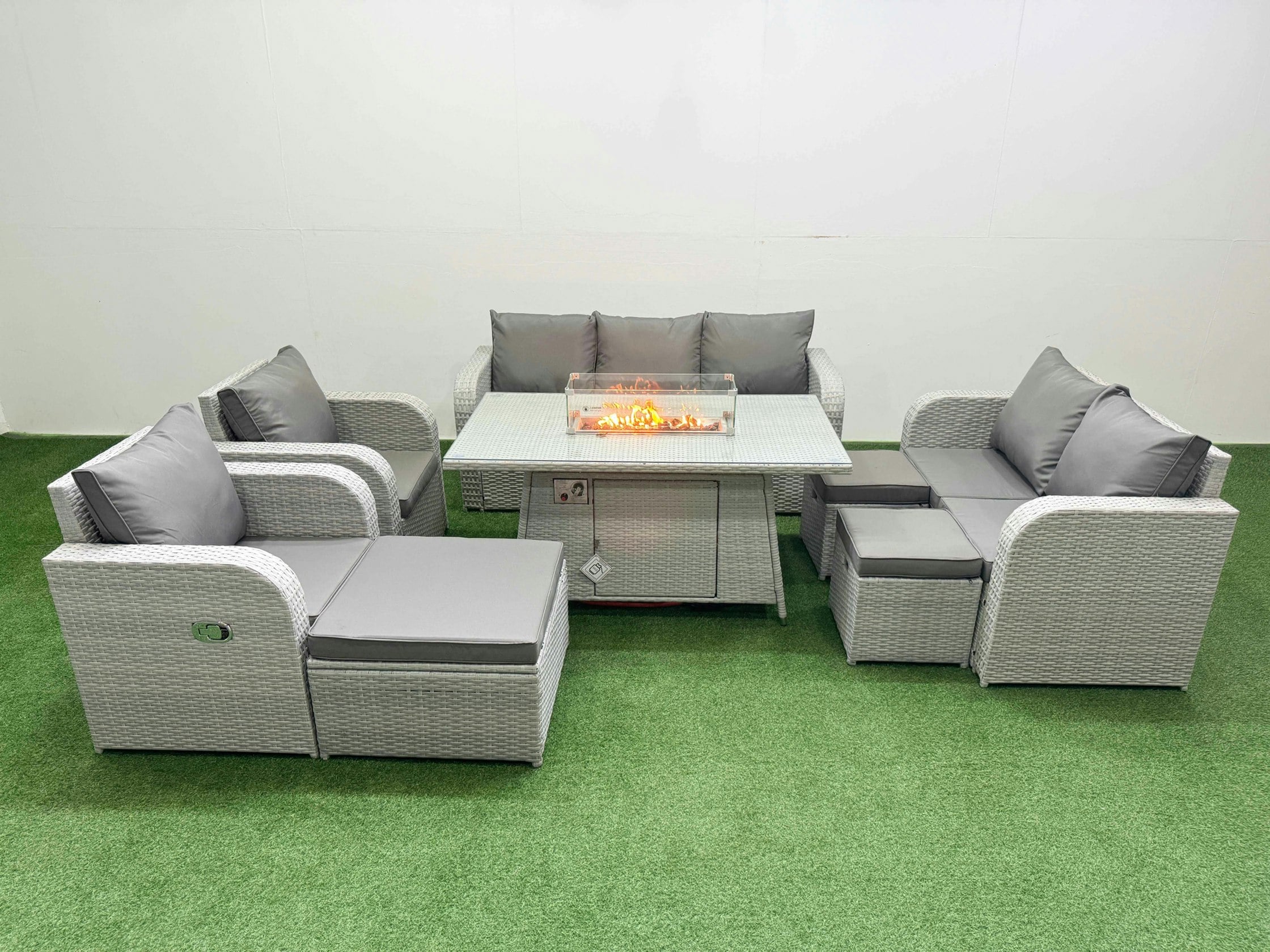 Rackhams Light/Grey Pe Rattan Garden Furniture Set Reclining Chair Sofa Double Love Seat 2 Seater Sofa Lounge Set Fire Pit Dining Table 3 Stools