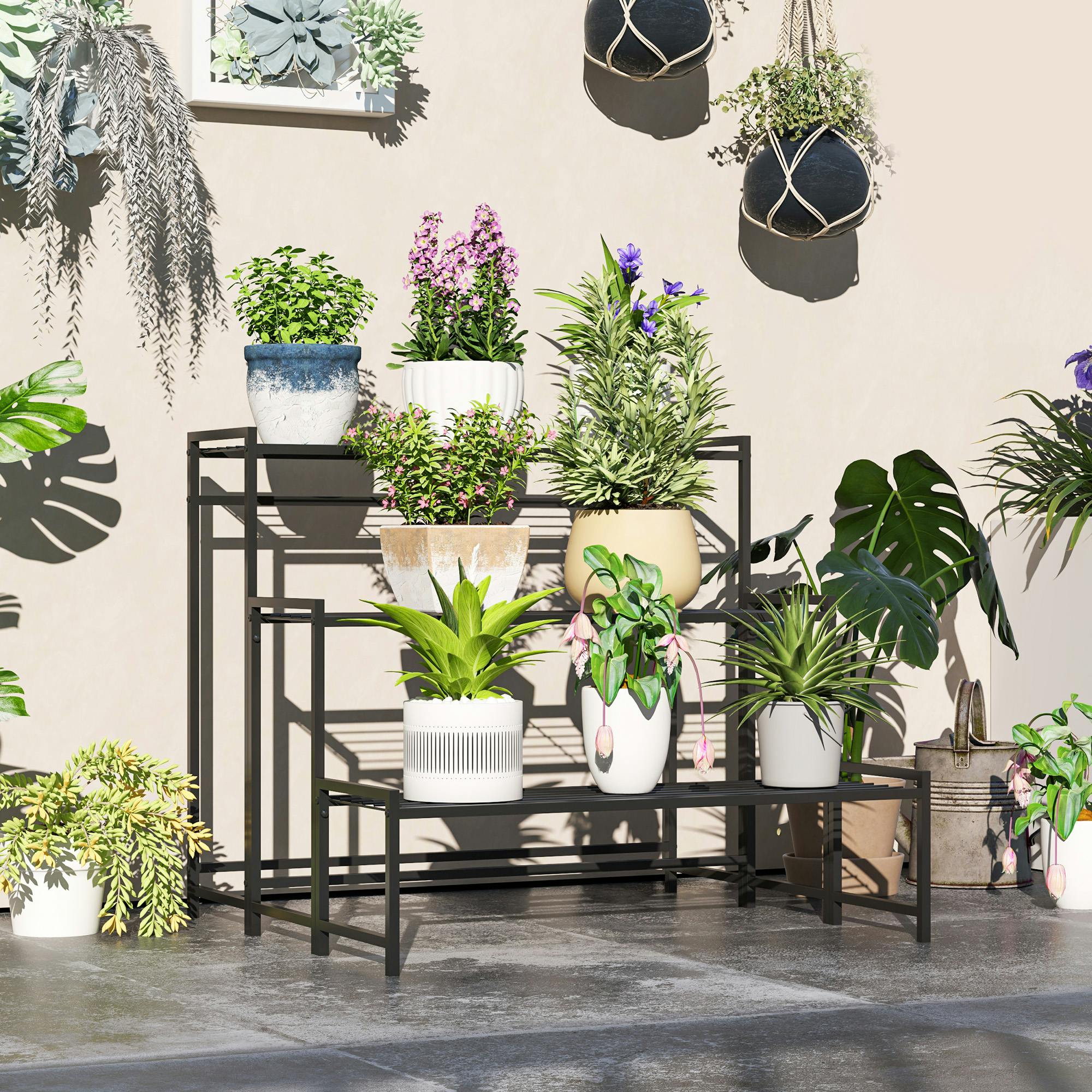 Rackhams Black 3-Tier Metal Plant Stand, Modern Ladder Shelf For Garden,
