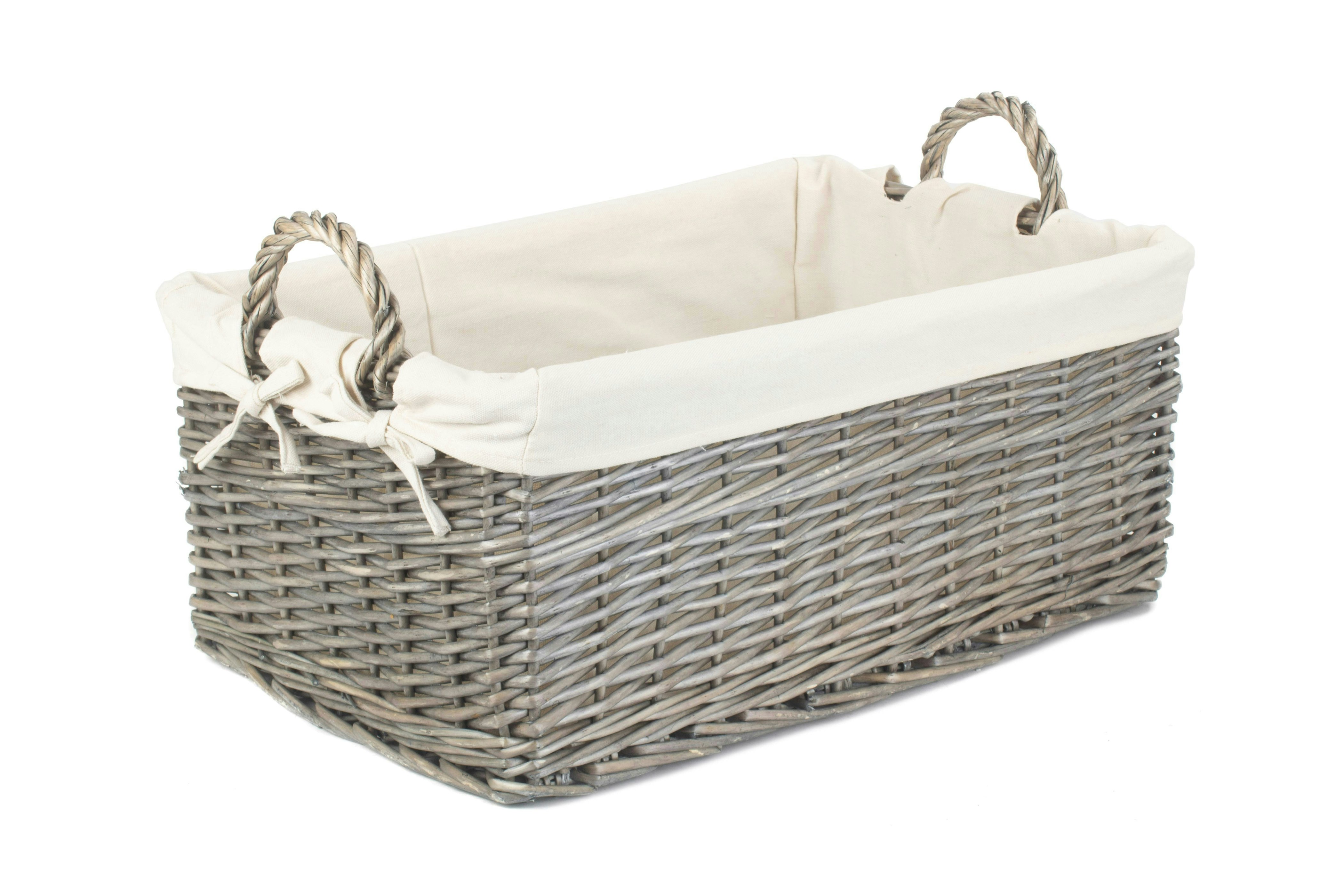 Red Hamper Shallow Cotton Lined Antique Wash Wicker Storage Basket - Large