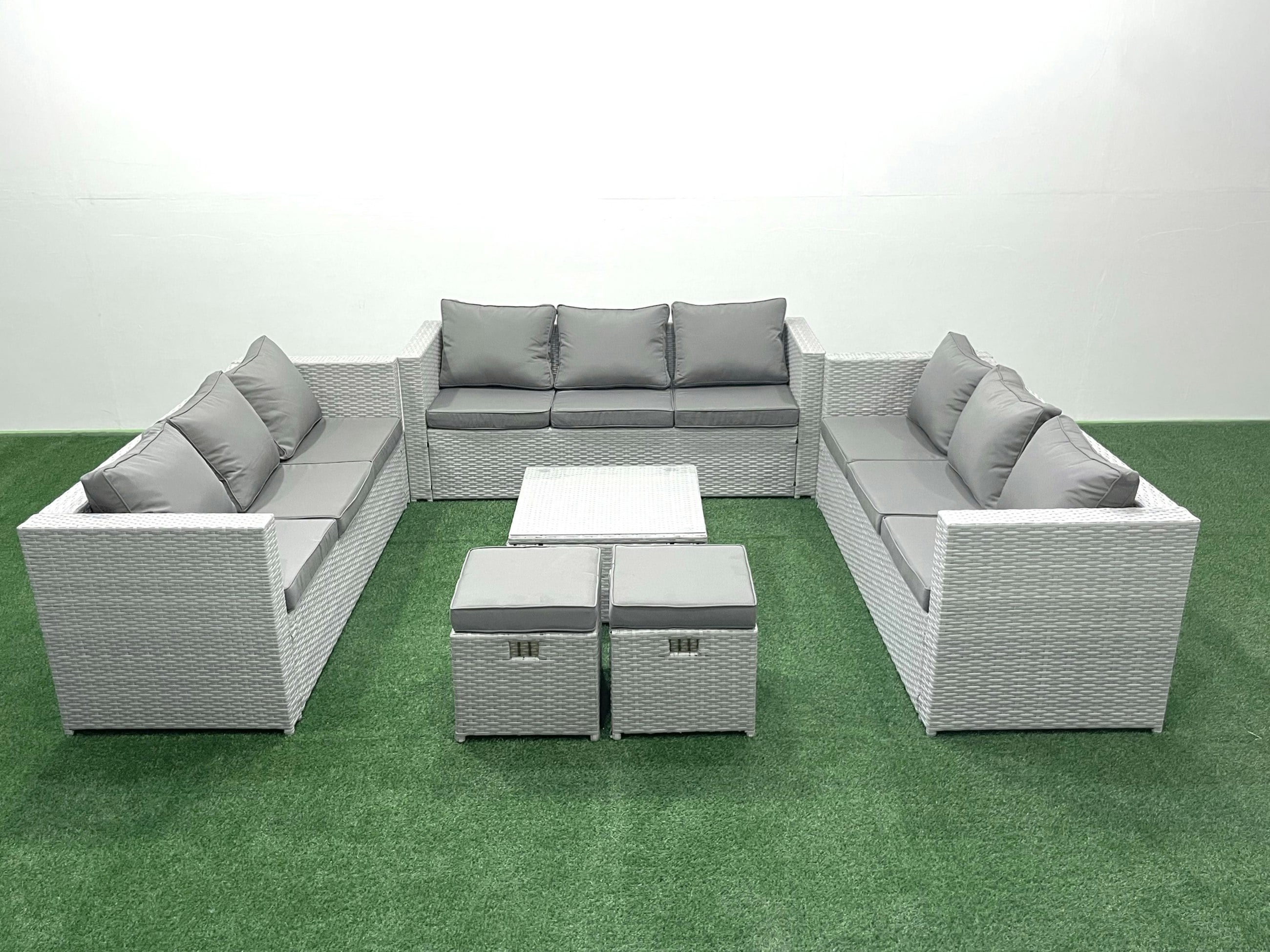 Rackhams Light/Grey Rattan Garden Outdoor Furniture Set 11 Seater Rattan Garden Sofa Set With 2 Small Footstools Mixed