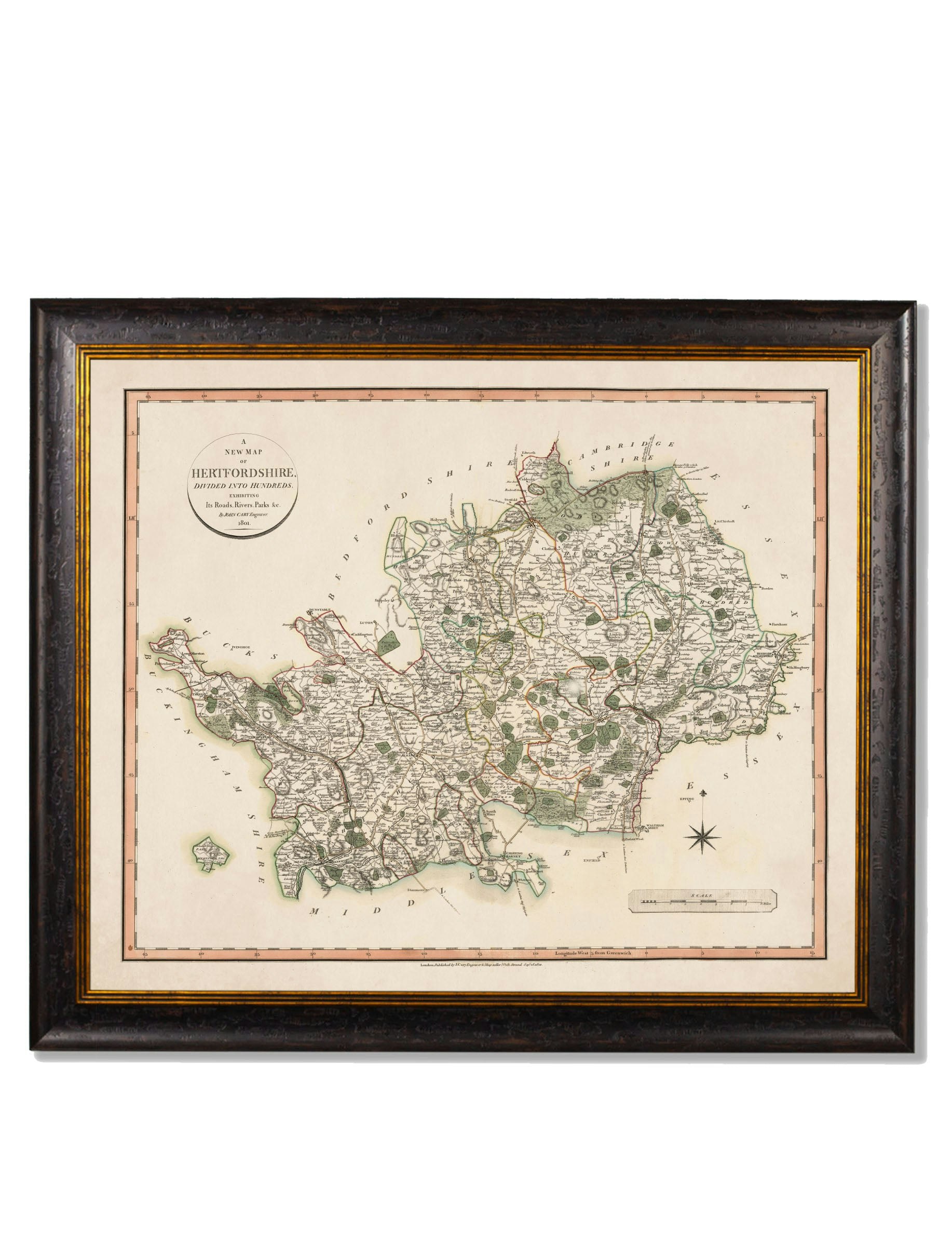 Exceptional Art Black C.1806 County Maps Of England - 84 X 70Cm - Hertfordshire