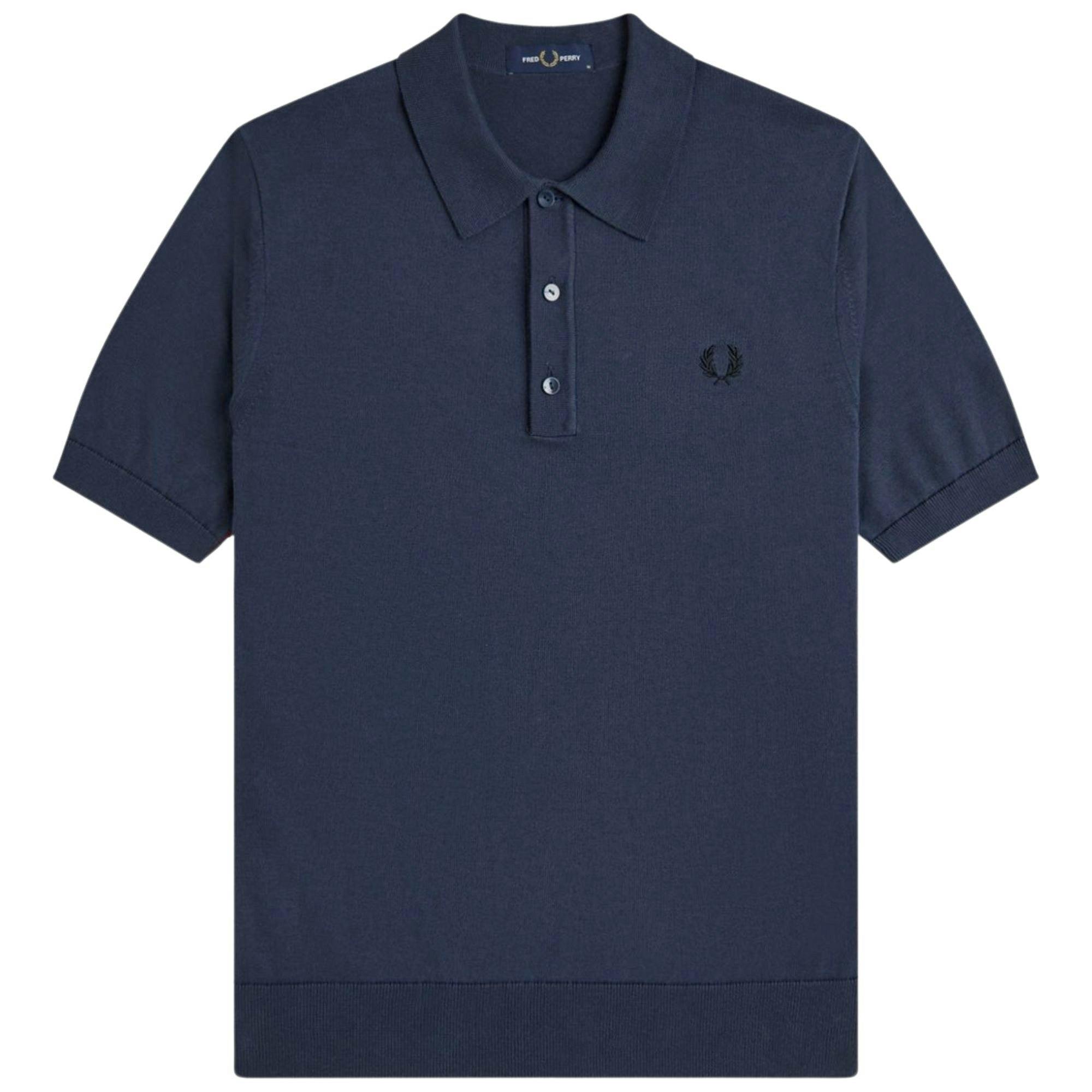 Fred Perry Dark Cotton Knitted Polo Shirt - Airforce - Large