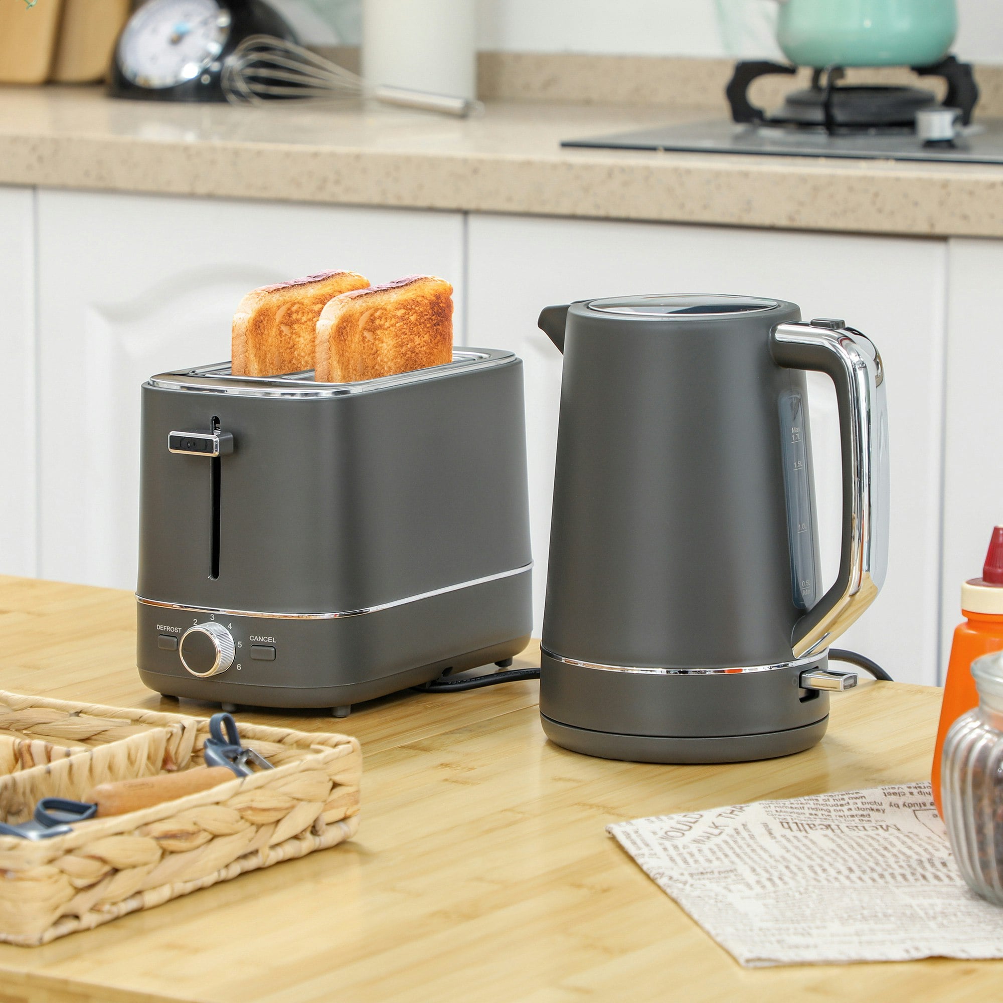 Homcom Grey 1.7L 3000W Fast Boil Electric Kettle And 2 Slice Toaster Set