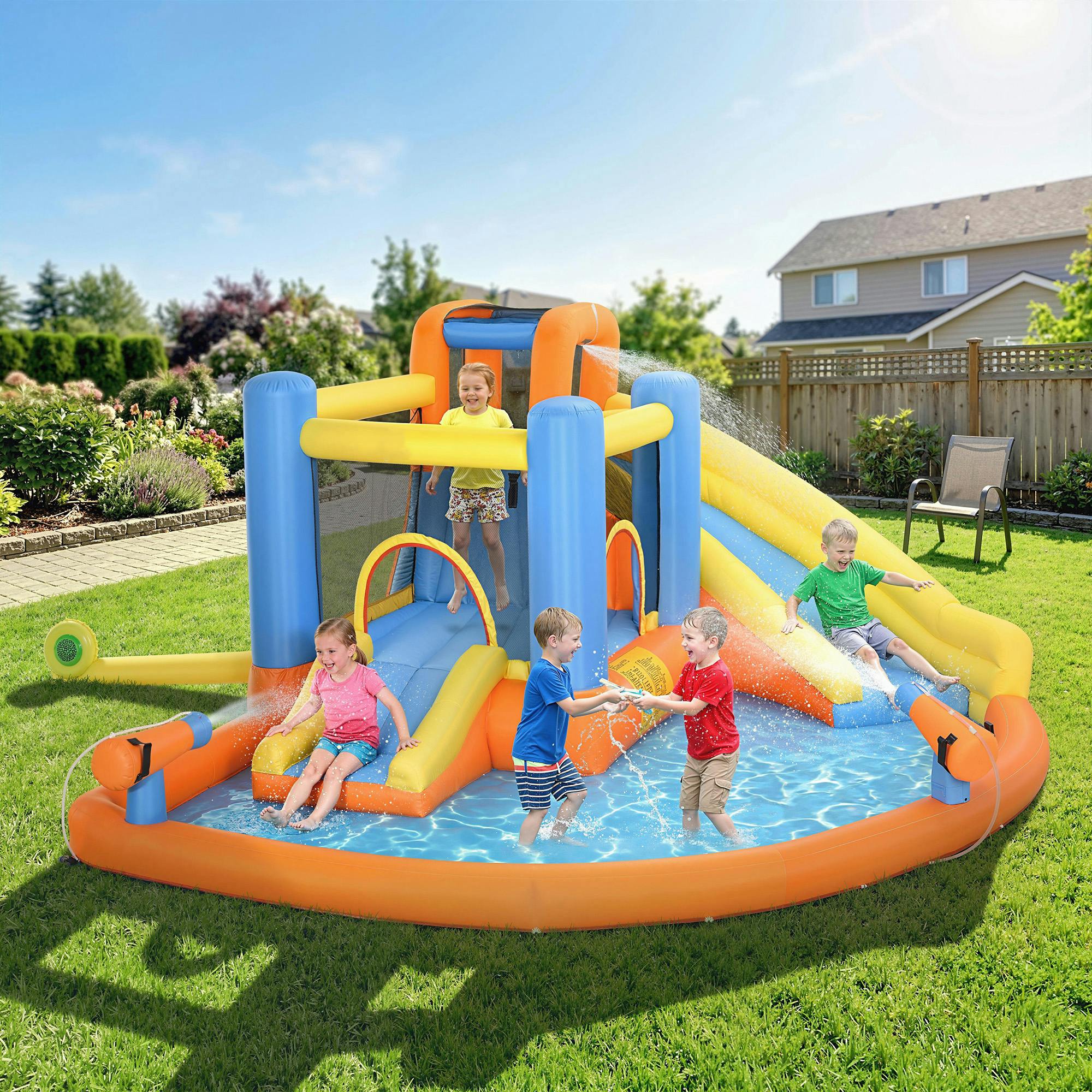 Aiyaplay Orange/Blue/Yellow 5 In 1 Inflatable Bouncy Castle For Children With Dual Slides - Bouncy Castle - 420L X 360W X 190H Cm