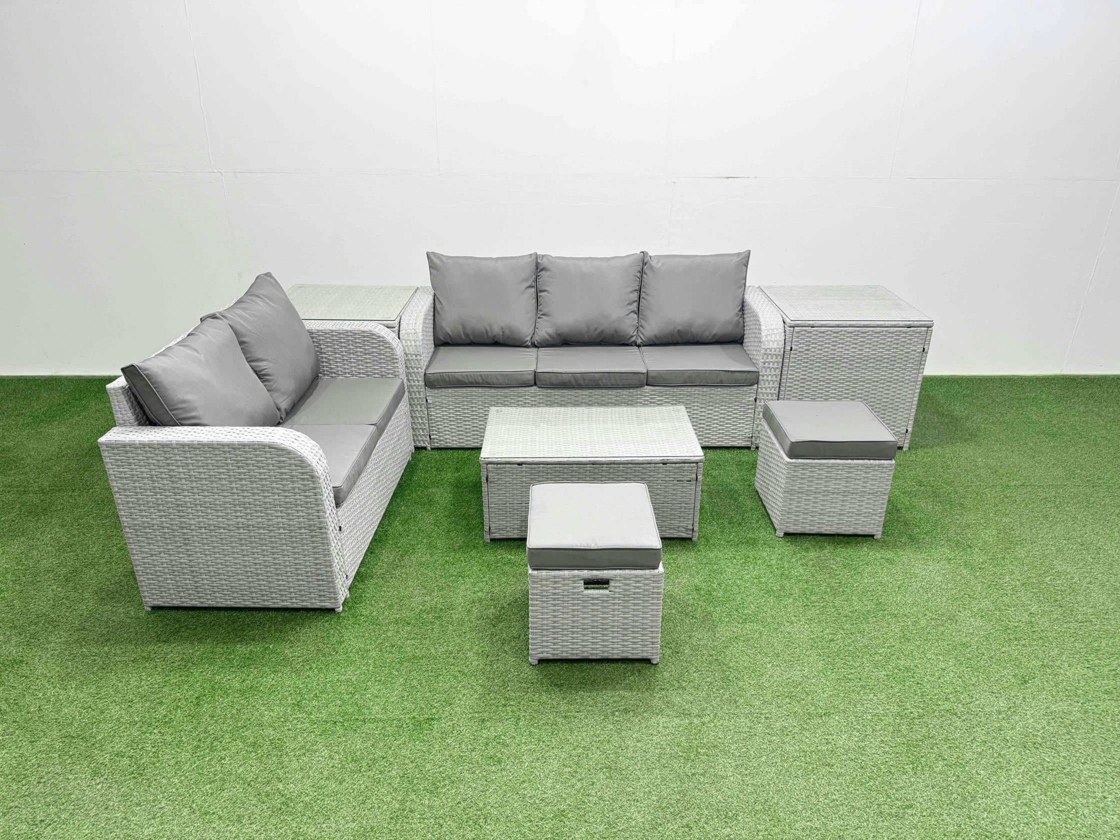 Fimous Dark/Grey 7-Seater Pe Rattan Wicker Garden Sofa Set - Mixed Patio Conservatory Furniture With Rectangular Coffee Table & 2 Stools