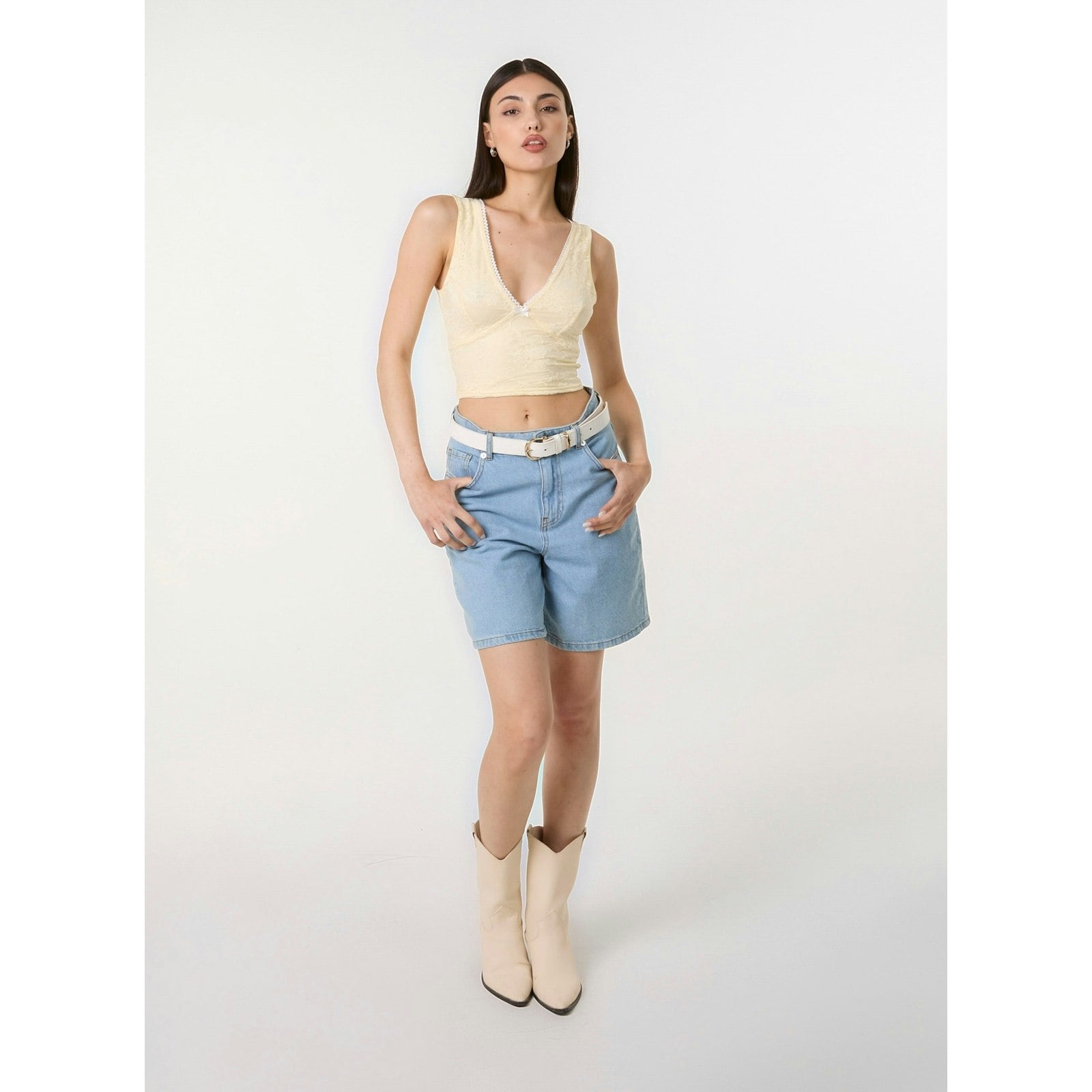 Pink Vanilla Pink/Light/Yellow Vanilla V Neck Lace Crop Top - L