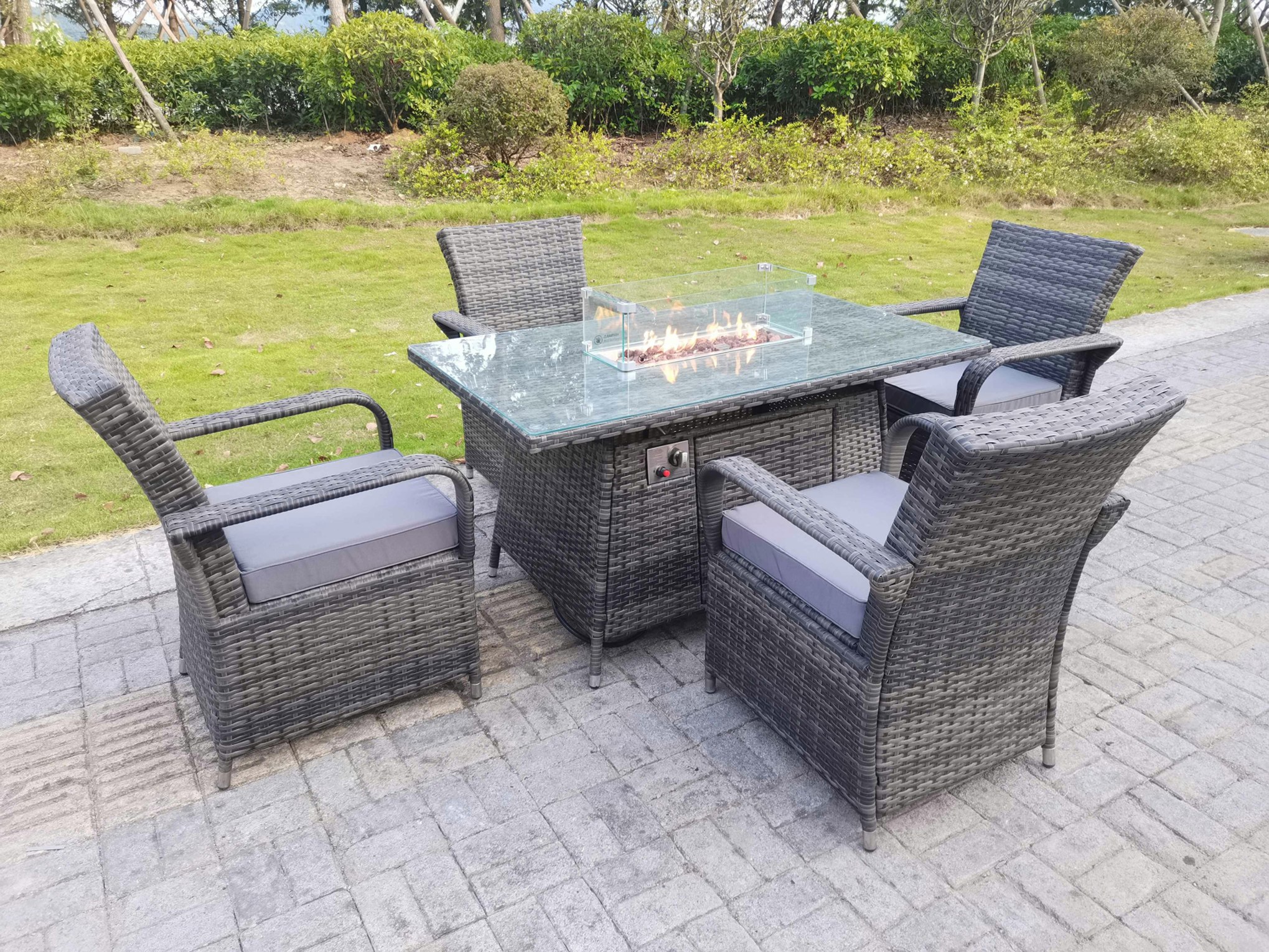 Fimous Dark/Grey Rattan Garden Furniture Gas Fire Pit Rectangle Round Dining Table And Dining Chairs 4 Seater + Rectangular Table