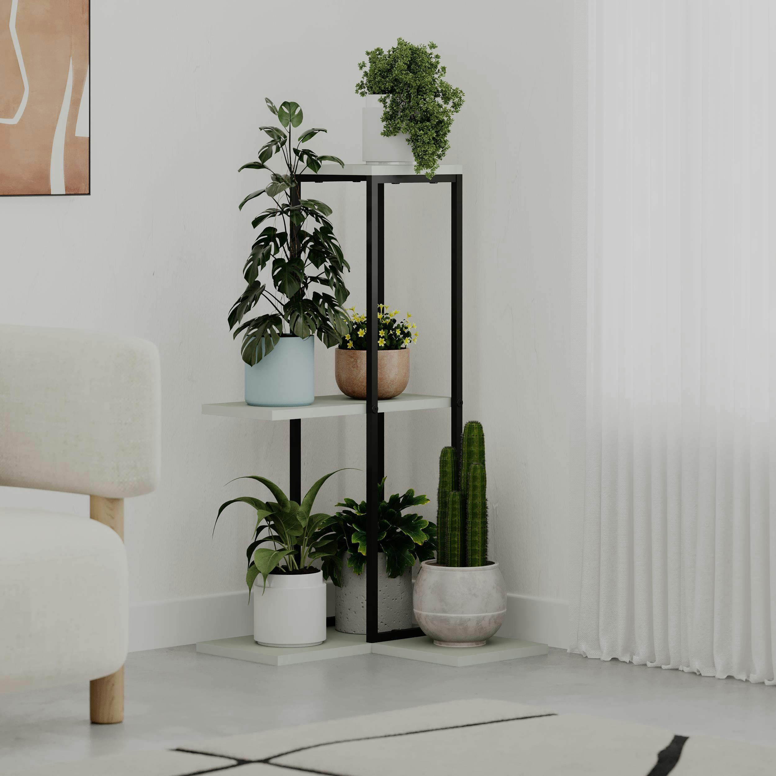 Rackhams Green Vetra Modern 3-Tier Plant Stand 46Cm Indoor Planter Holder With Metal Frame Corner Design - Ash