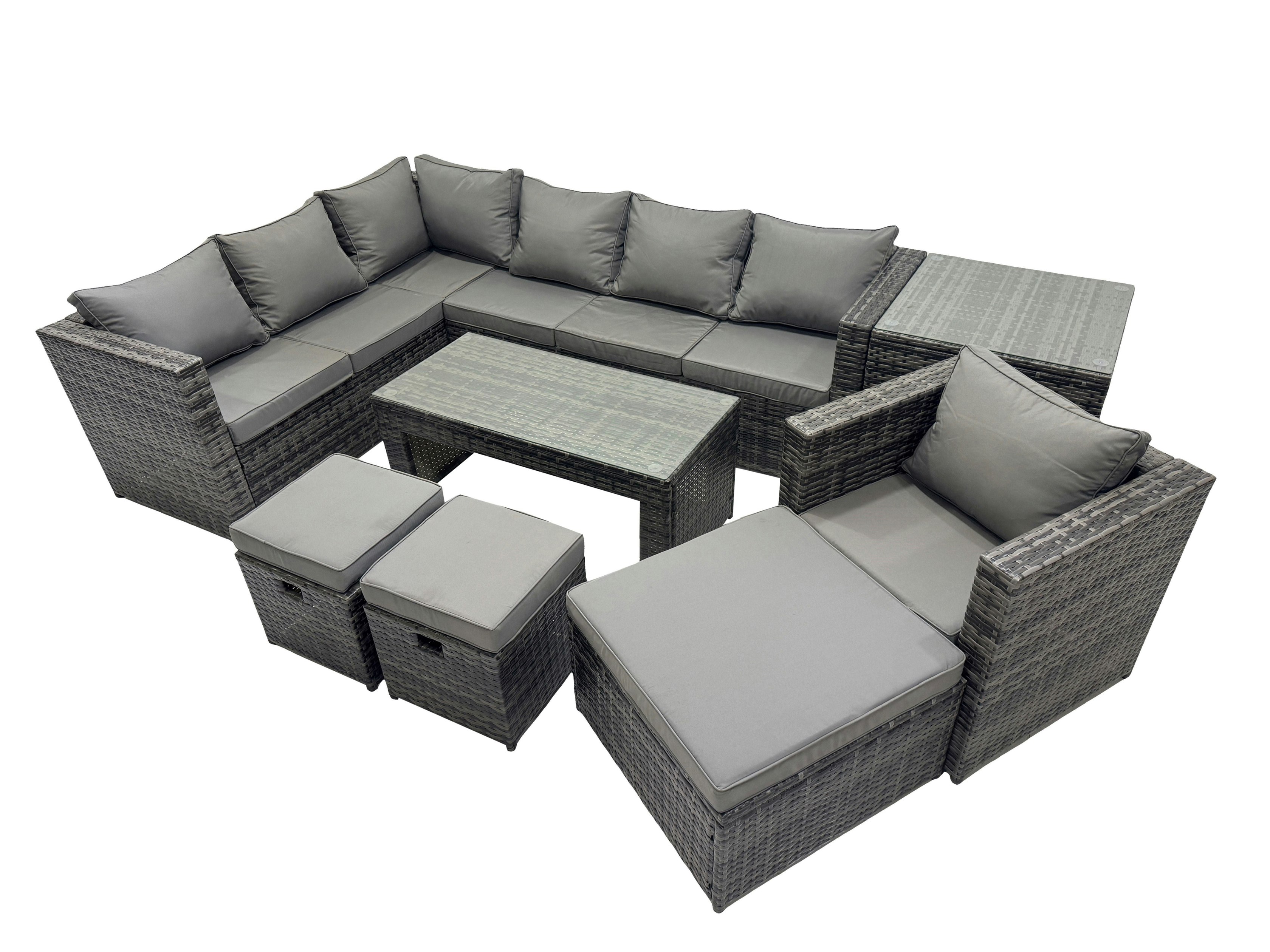 Fimous Dark/Grey 8 Pieces Outdoor Pe Rattan Garden Furniture Corner Sofa Oblong Coffee Table Set With Cushions 3 Footstools Side Table Mixed